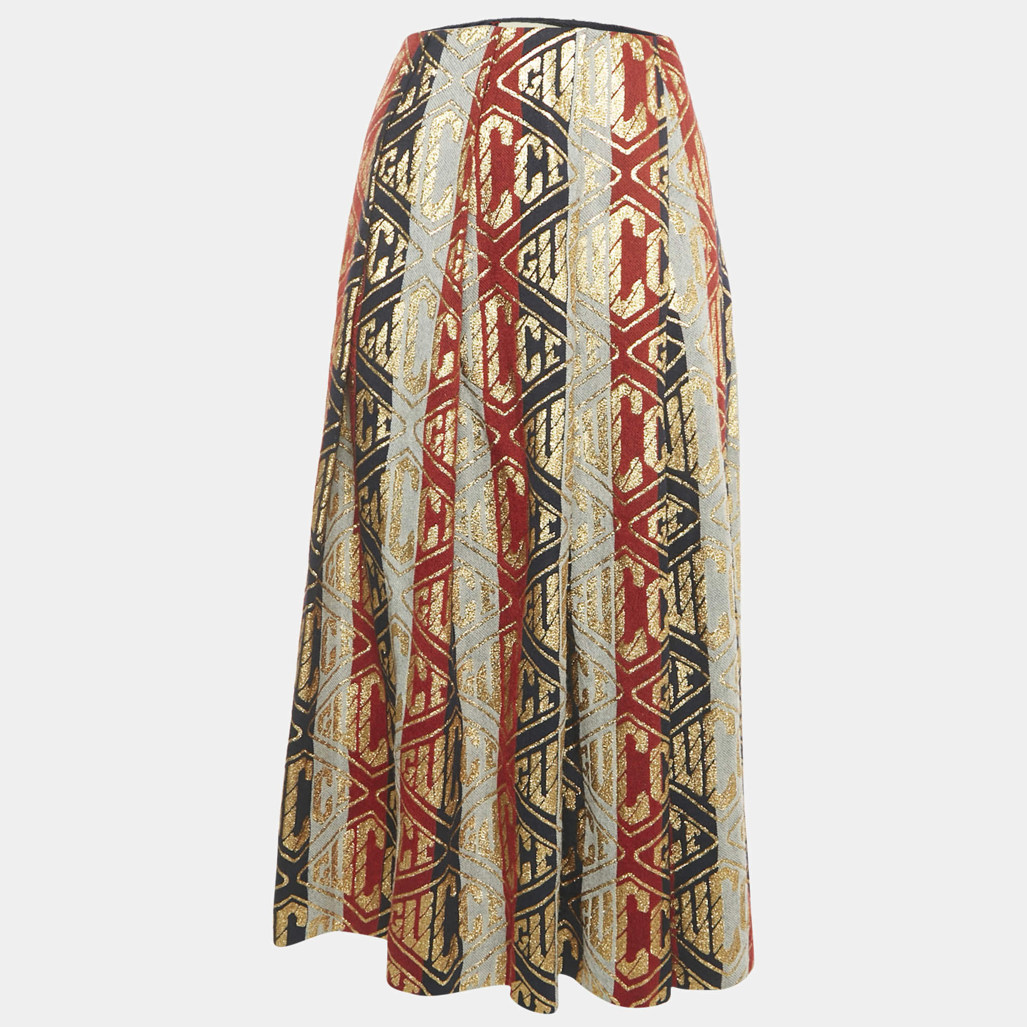 Pre Owned Gucci Multicolor Lamé Logo Wool Blend Pleated Midi Skirt XS