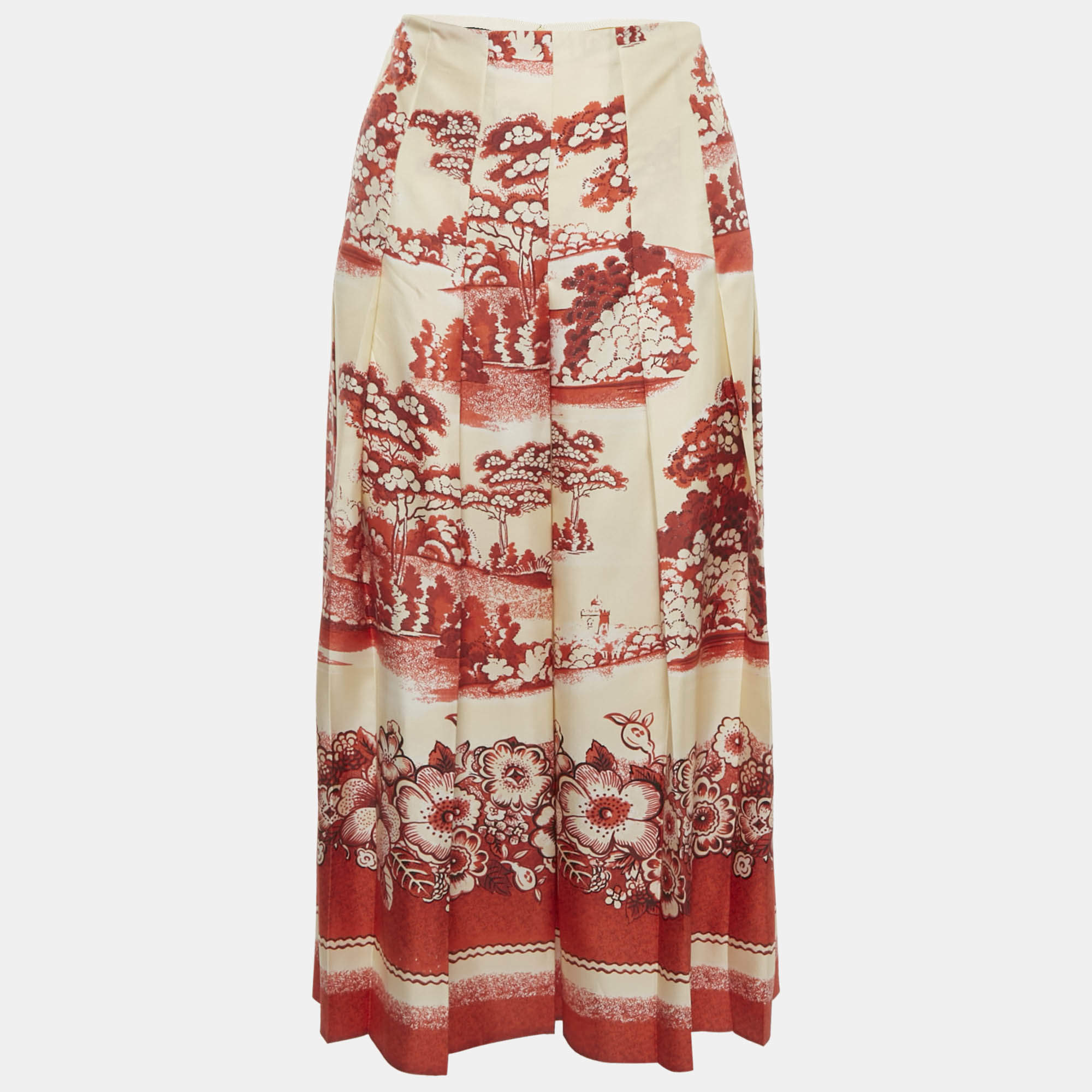 Pre Owned Gucci Cream/Red Floral Print Silk Pleated Midi Skirt M