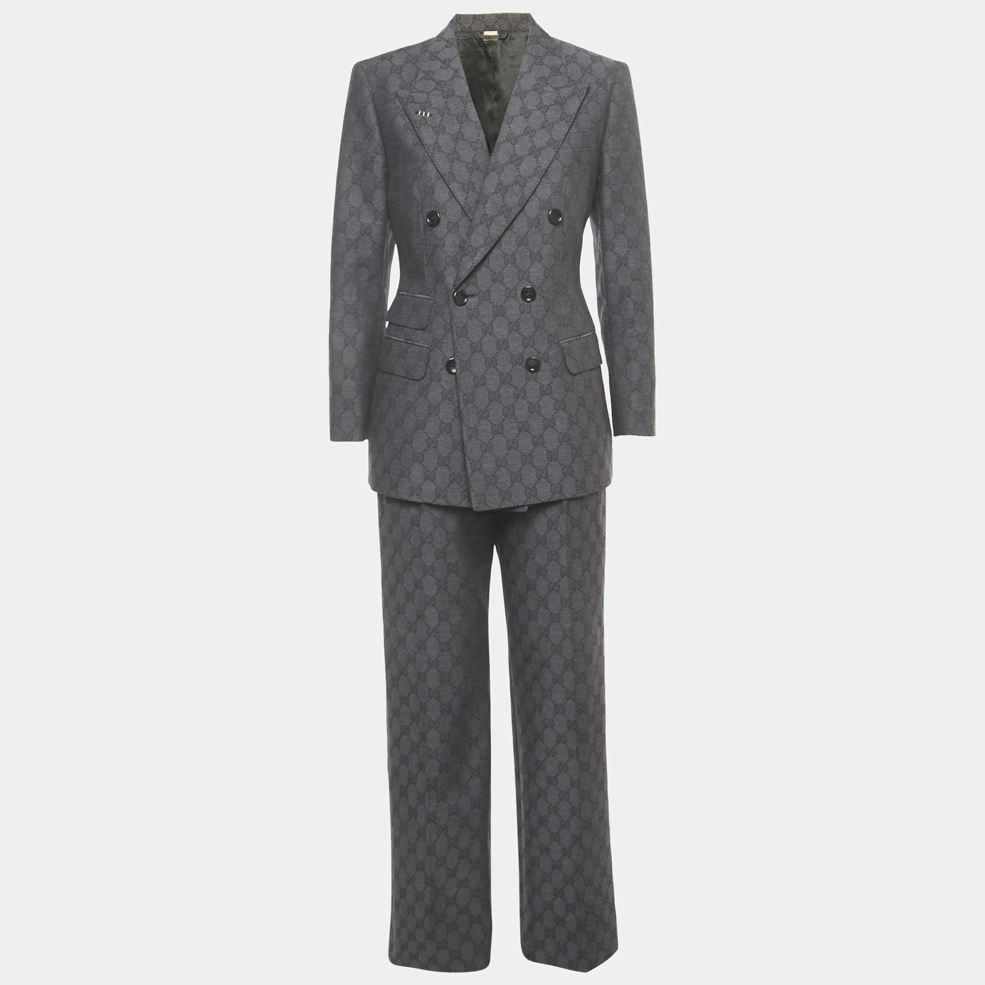 Pre Owned Gucci Grey GG Wool Jacquard Tailored Suit S