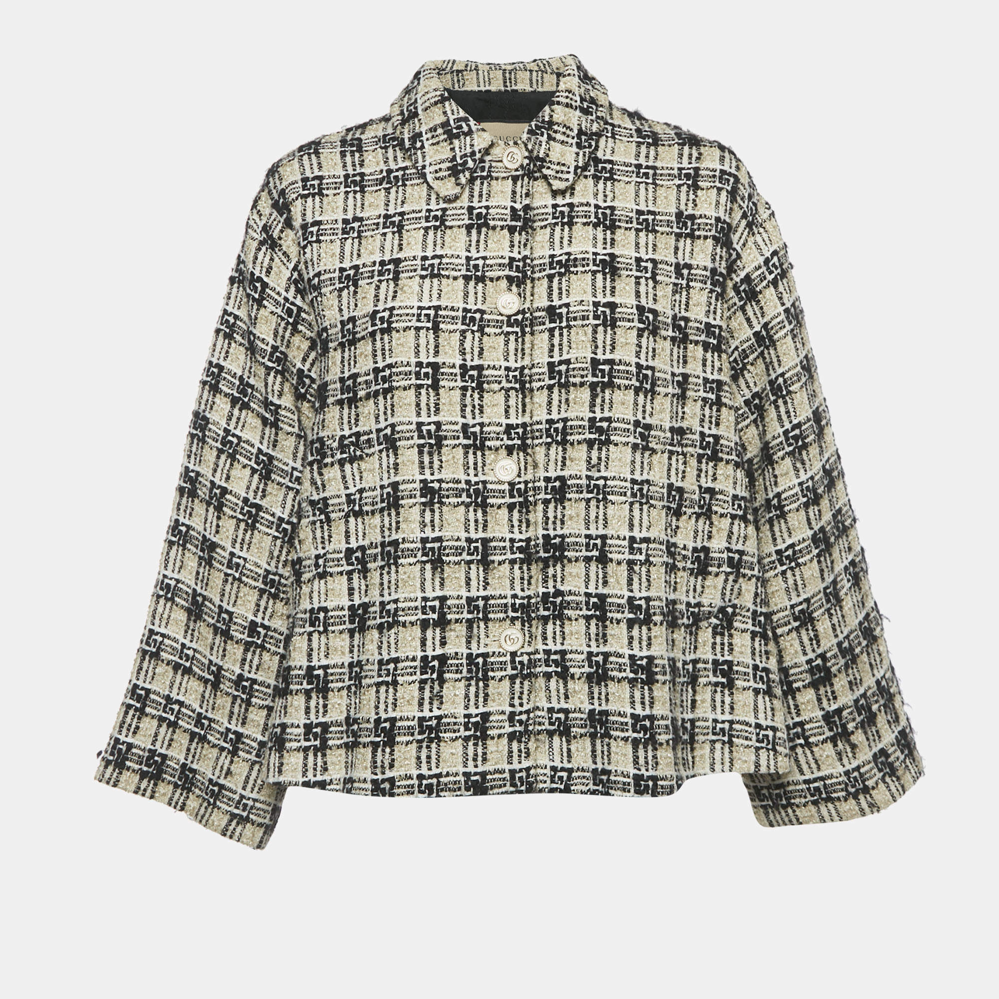 Pre Owned جاكيت غوتشي بواجه أمامية بأزرار من قماش التويد مع نقشة الشيك بيج مقاس صغير - سمول