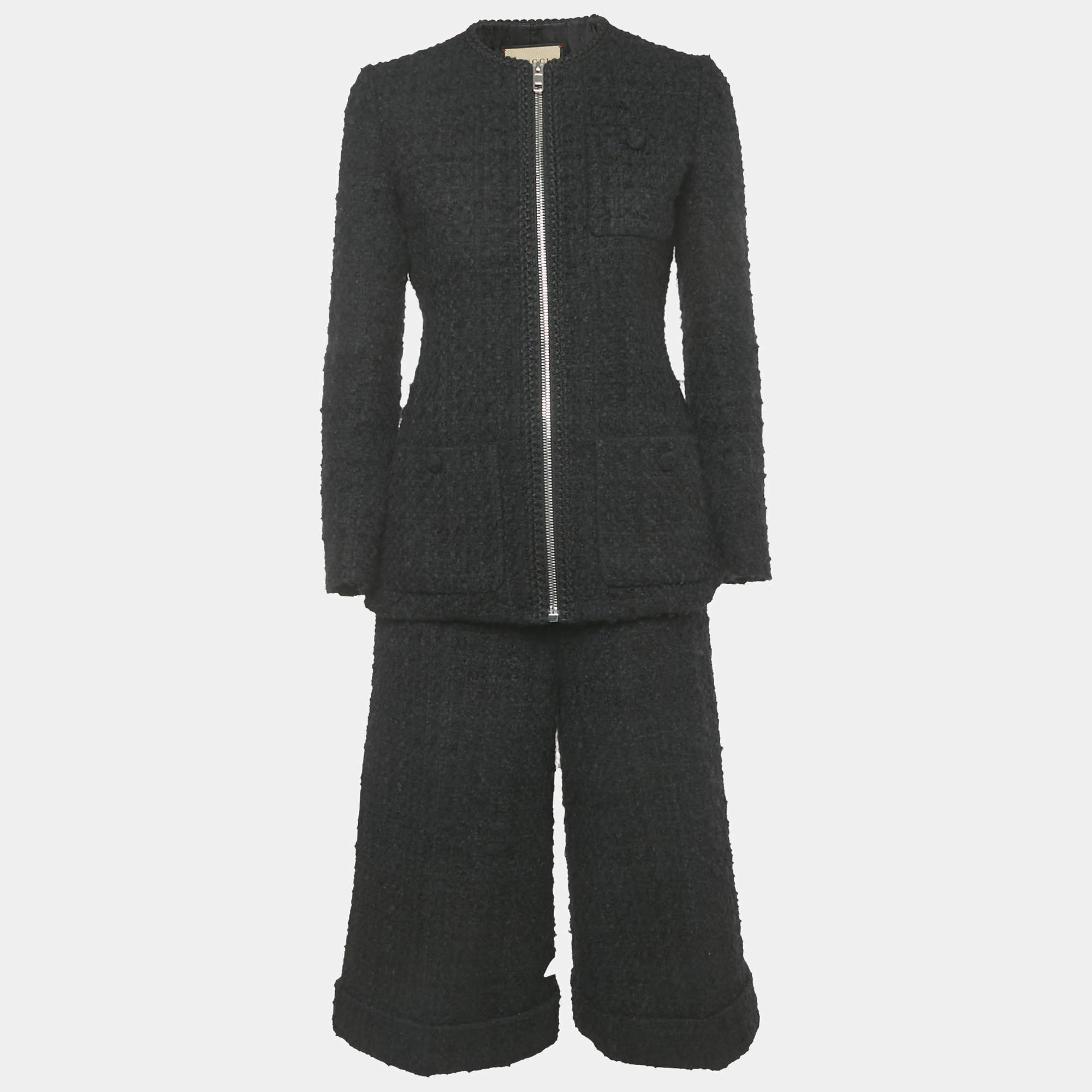 Pre Owned Gucci Black Tweed Zip-Up Jacket and Trousers Set S