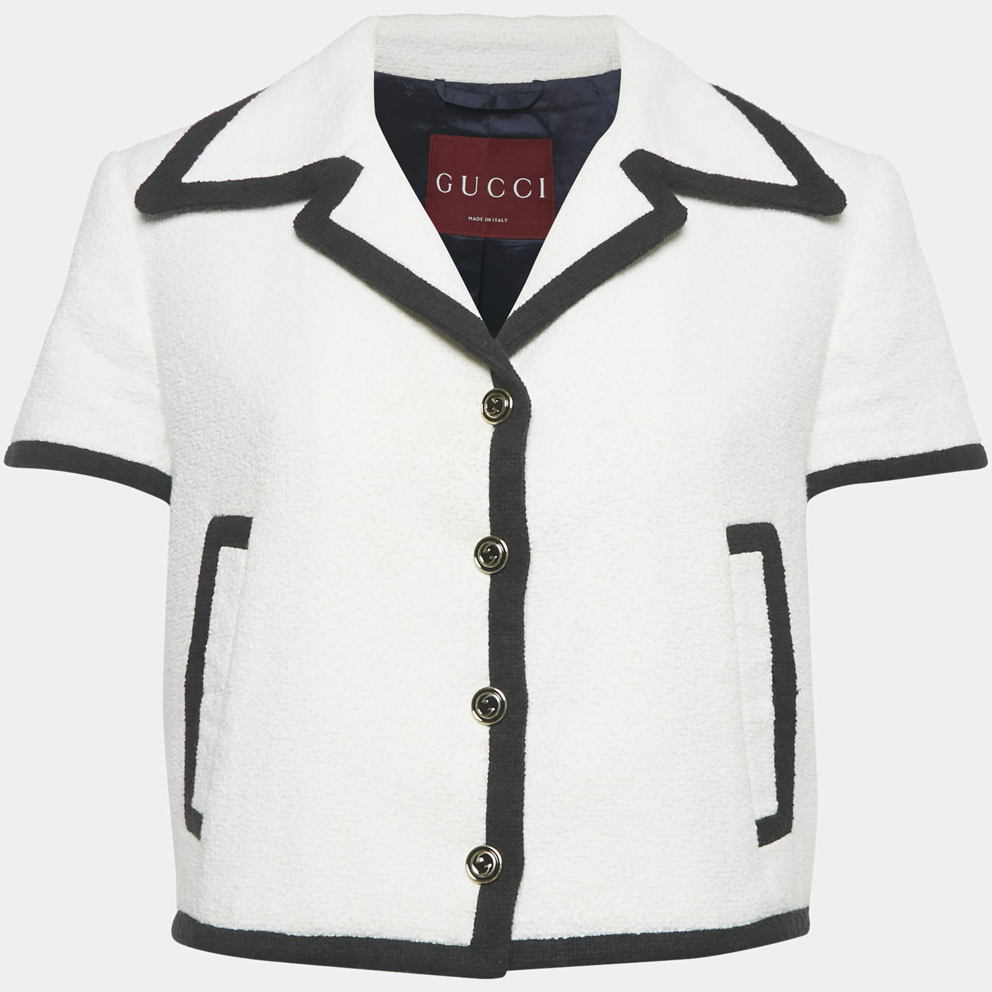 Pre Owned جاكيت غوتشي بأكمام قصيرة قماش منسوج أبيض مموج مقاس صغير (صغير)