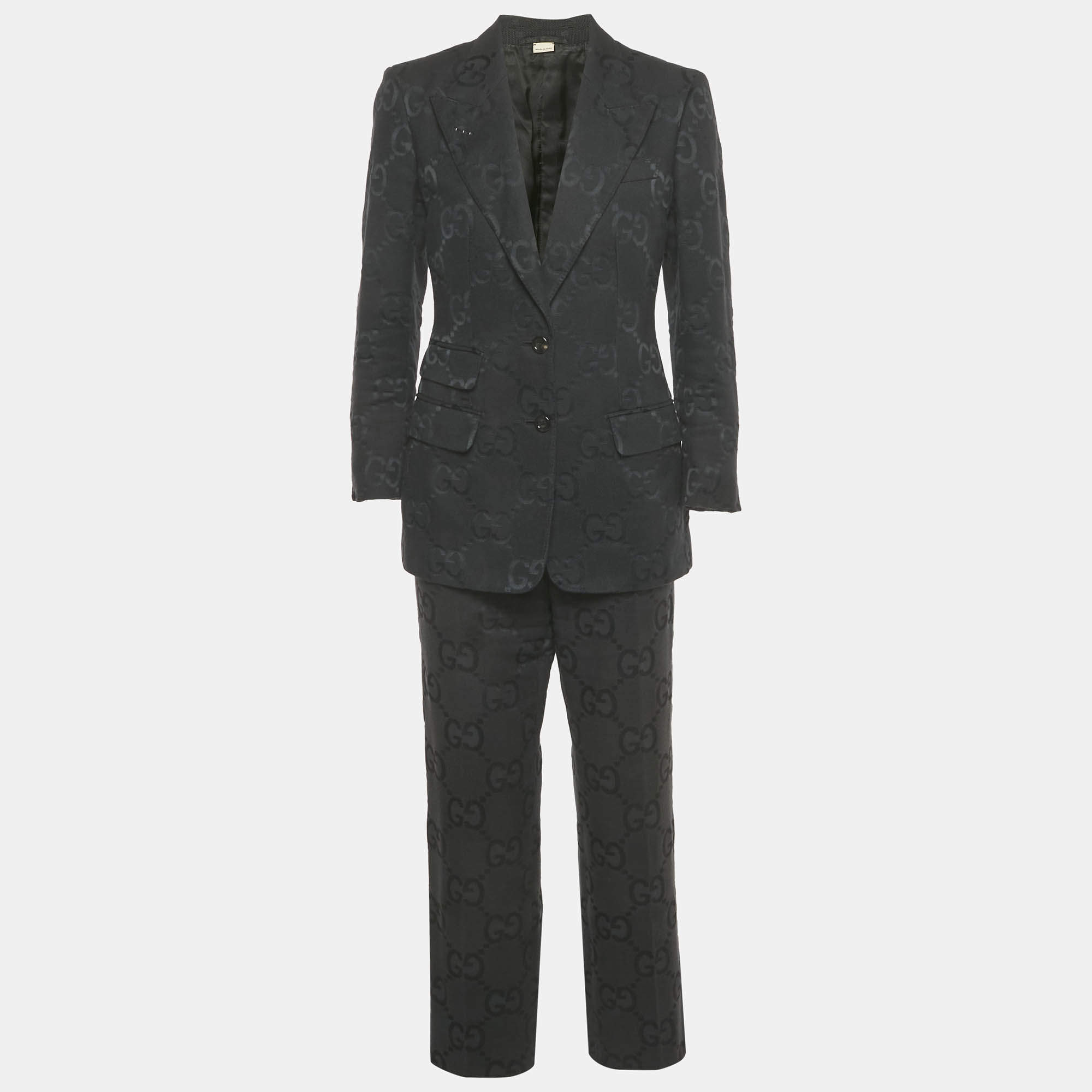 Pre Owned Gucci Black Jumbo GG Cotton Blend Tailored Suit S