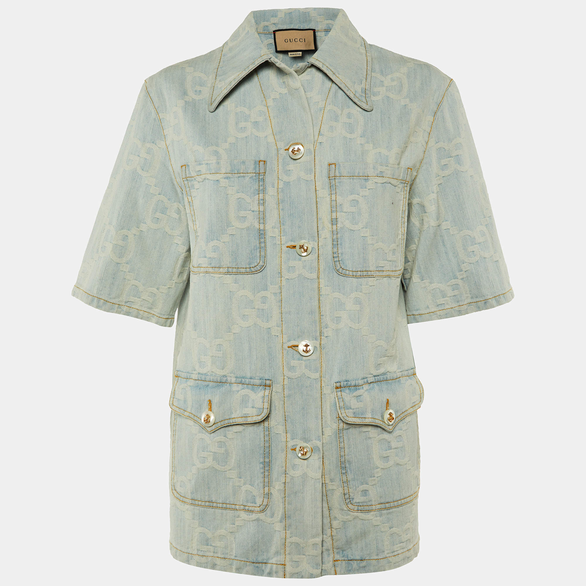 Pre Owned Gucci Light Blue GG Jacquard Denim 'California Gucci' Button Front Jacket S