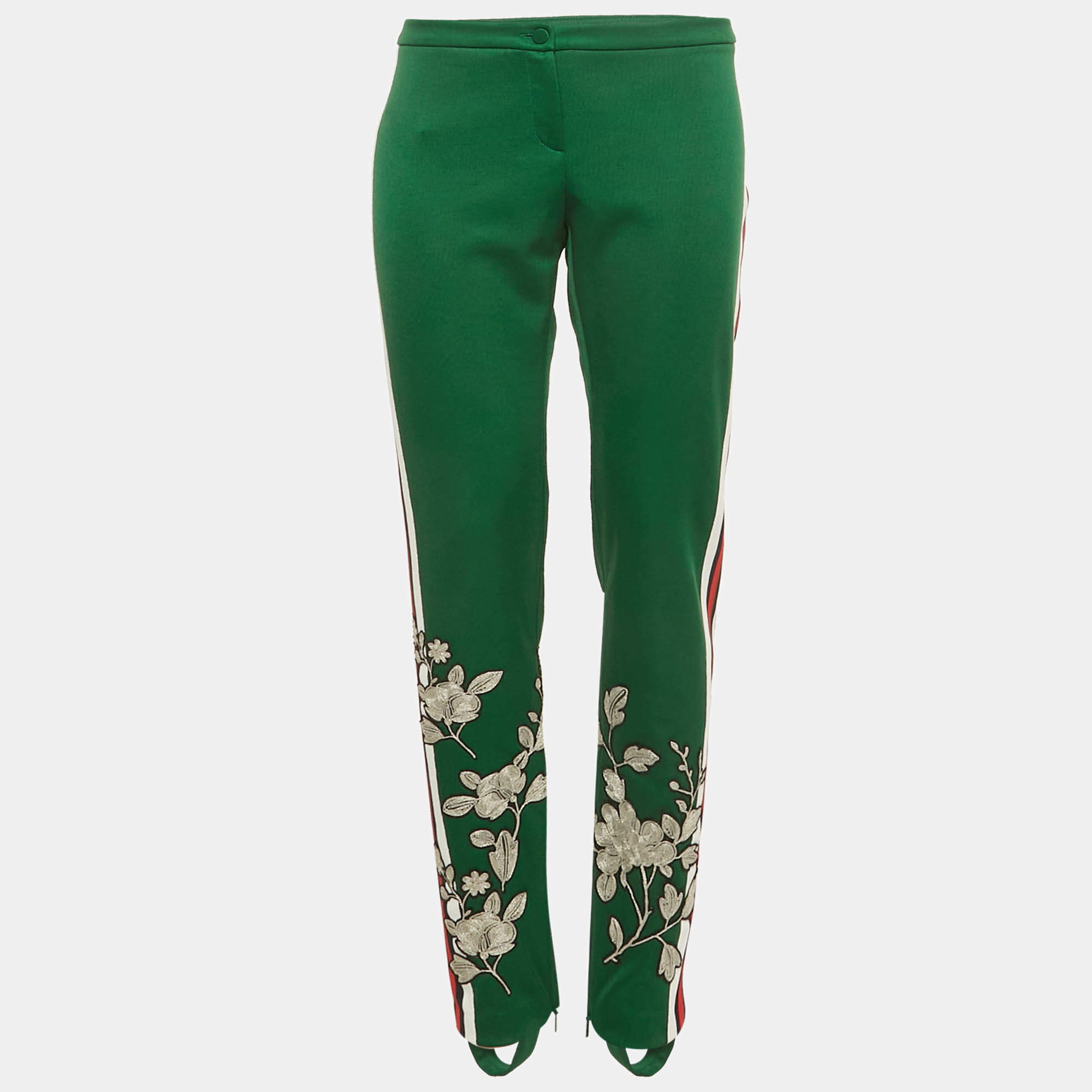 Pre Owned Gucci Green Floral Embroidery Jersey Pants XL