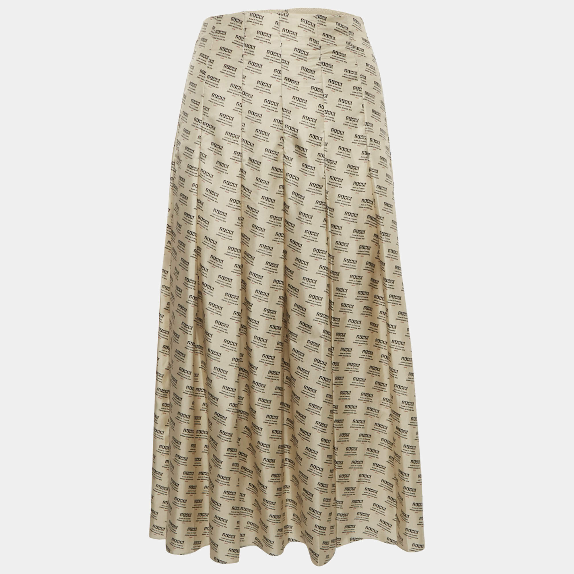 Pre Owned Gucci Beige Invite Stamp Print Silk Pleated Midi Skirt L