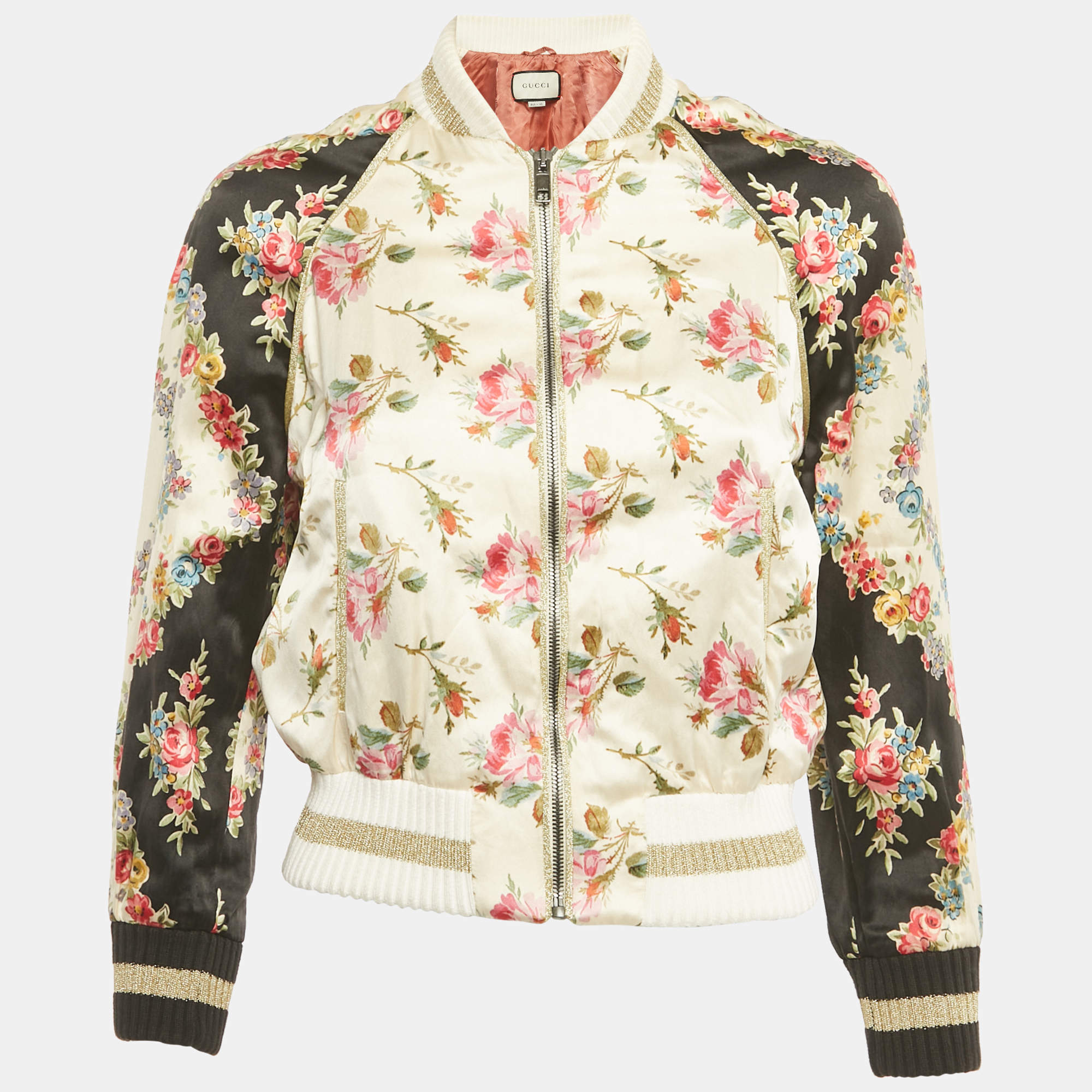 Pre Owned Gucci Beige Silk Guccification Bomber Jacket XS