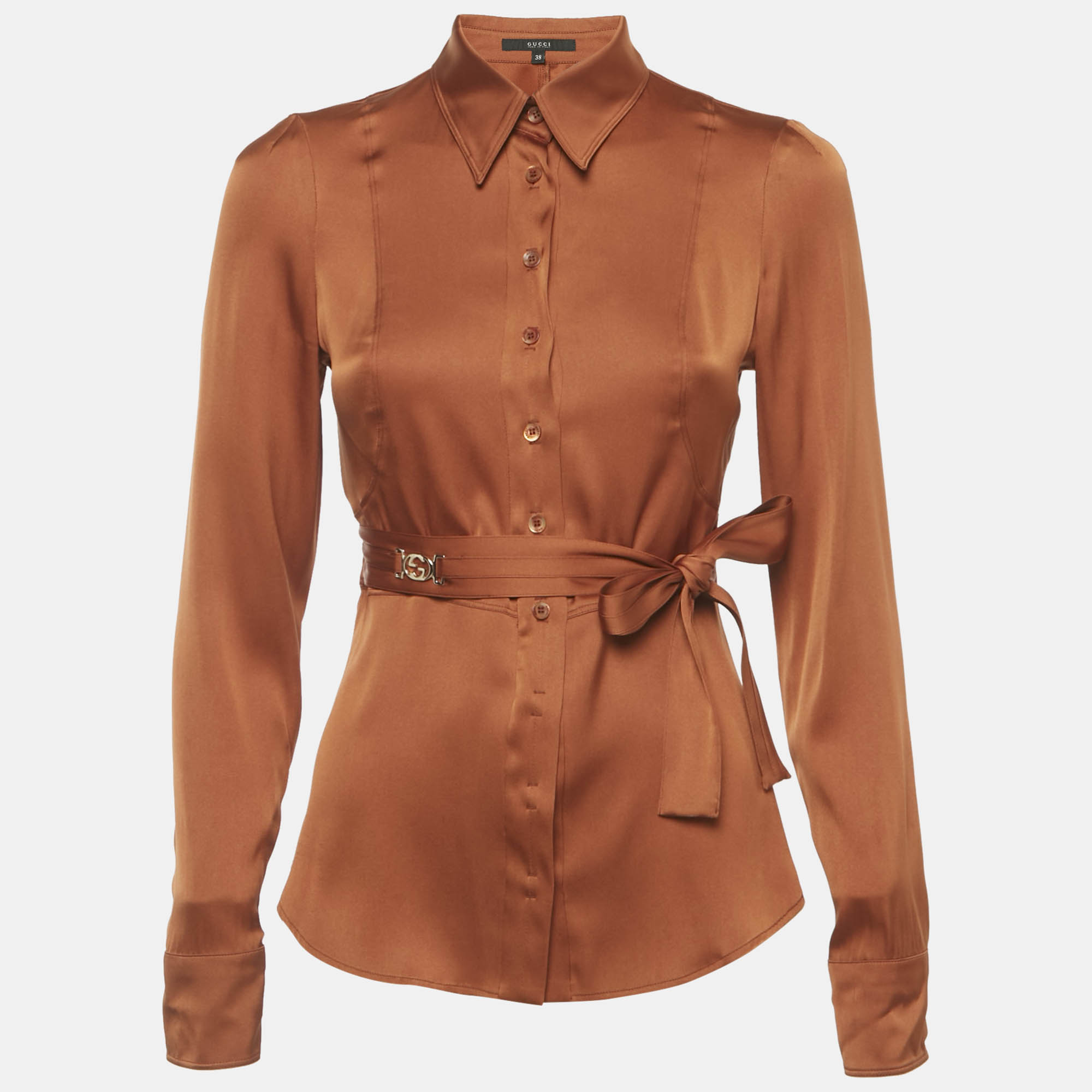 Pre Owned Gucci Brown Silk Satin Belted Button Front Shirt S