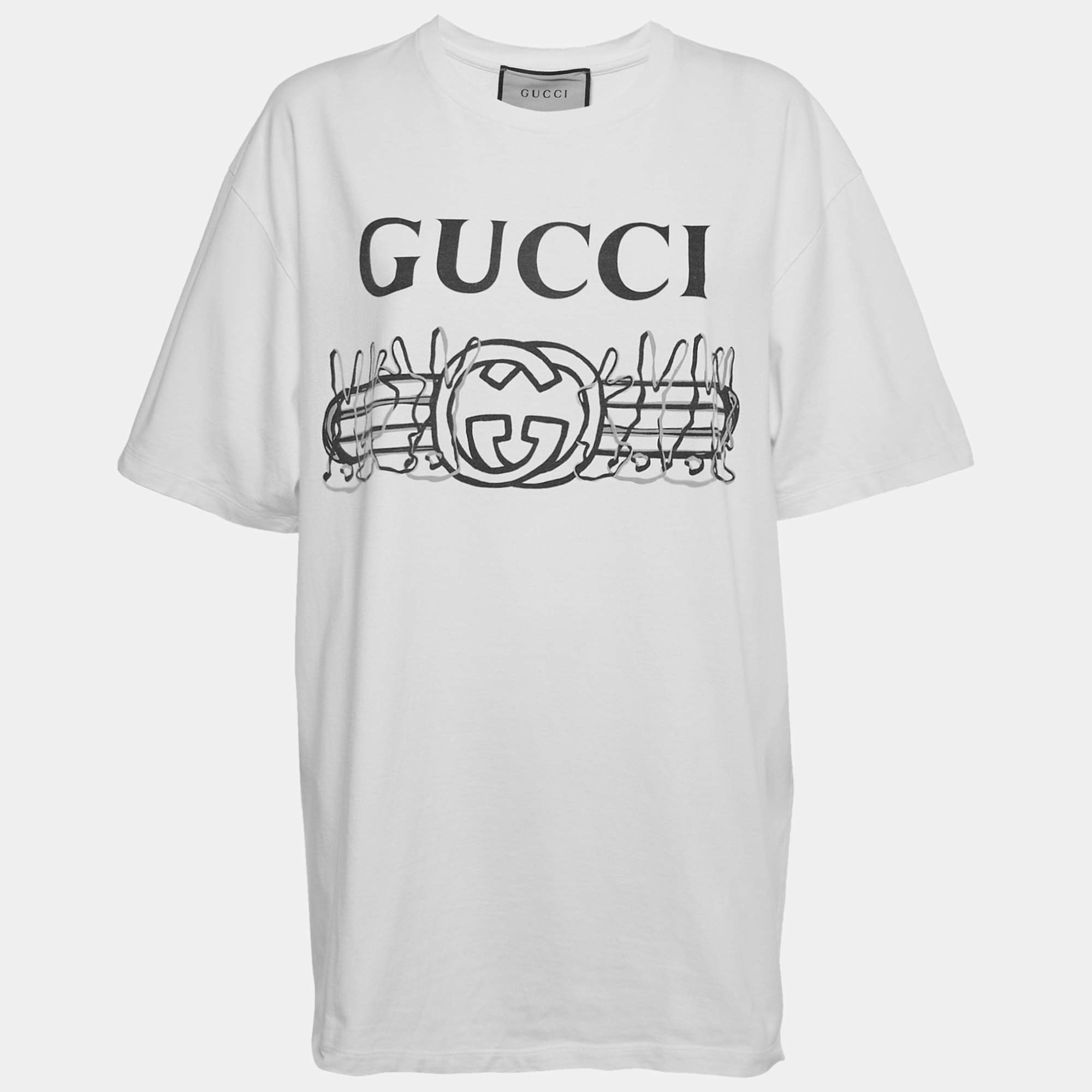 Pre Owned Gucci White Logo Print Cotton Crewneck T-Shirt XXL