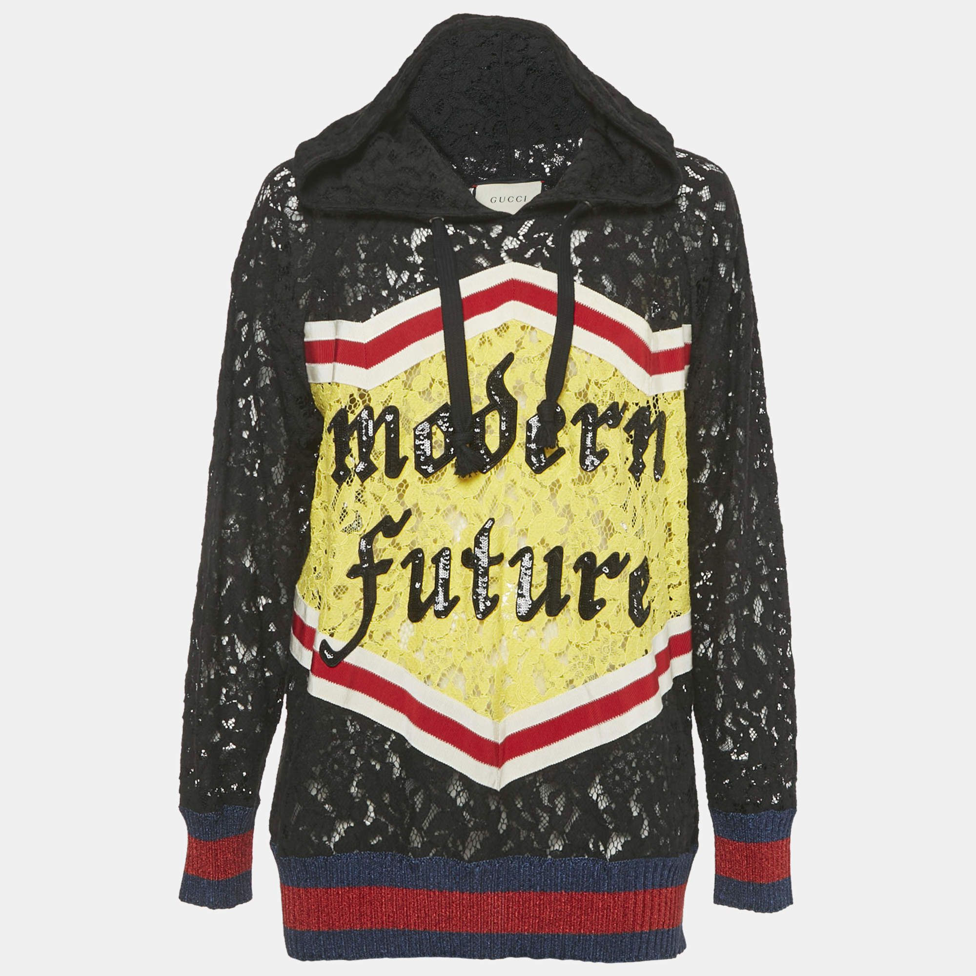 مملوكة مسبقًا سويتشرت بغطاء رأس غوتشي دانتيل أسود تفاصيل ترتر "المستقبل الحديث" مقاس صغير - سمول