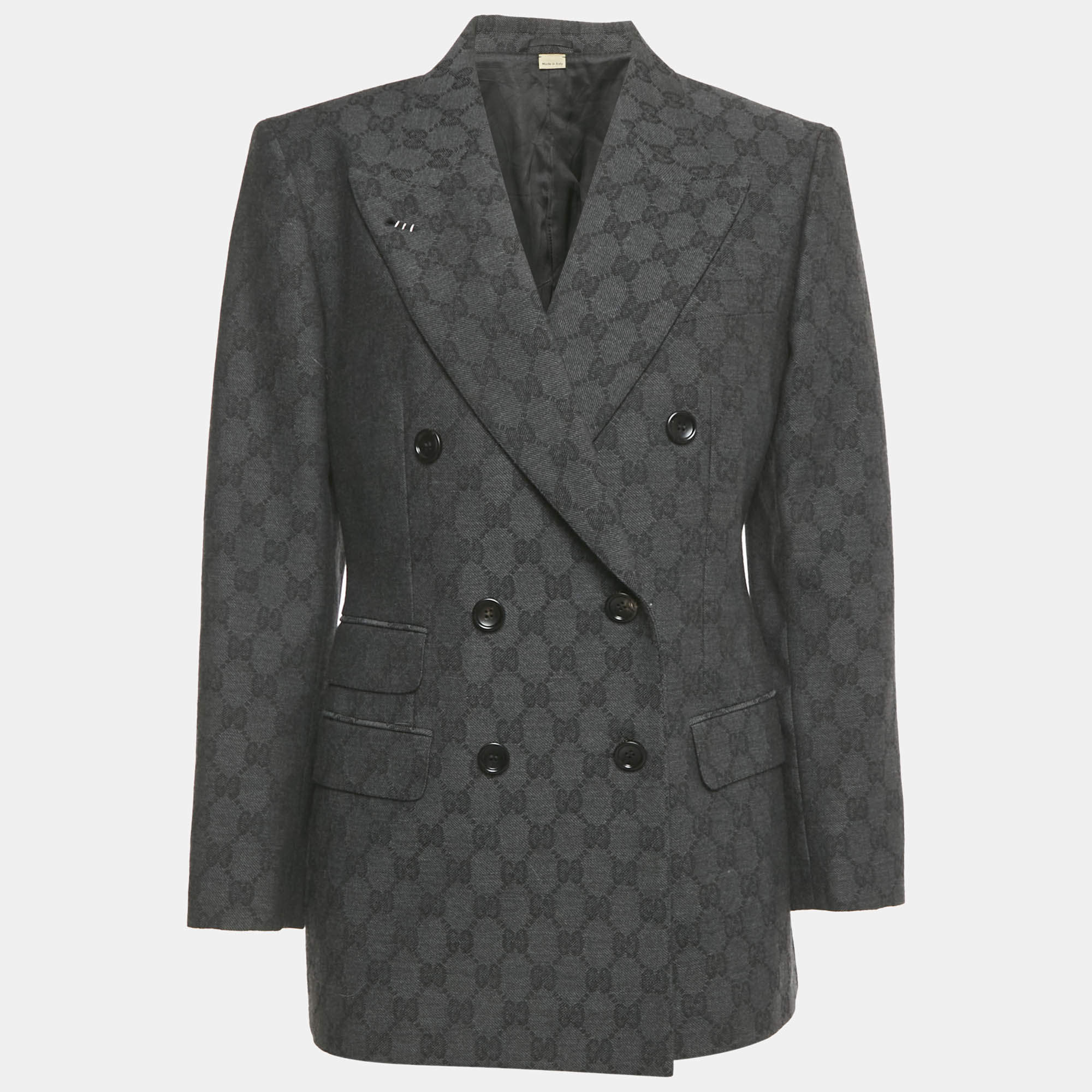 Pre Owned Gucci Grey GG Jacquard Double Breasted Blazer S