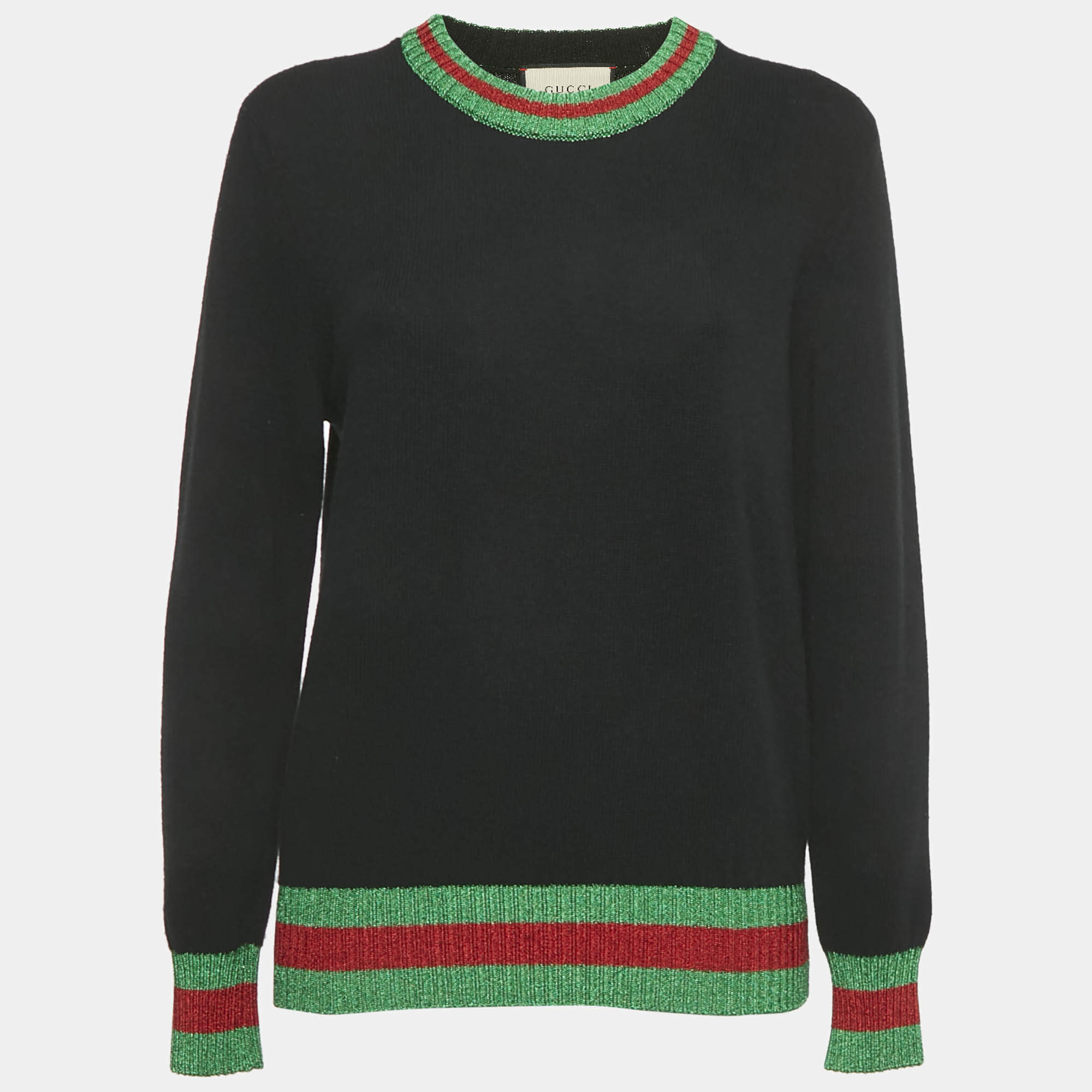Pre Owned Gucci Black Wool & Lamé  Web Trim Detail Sweater L