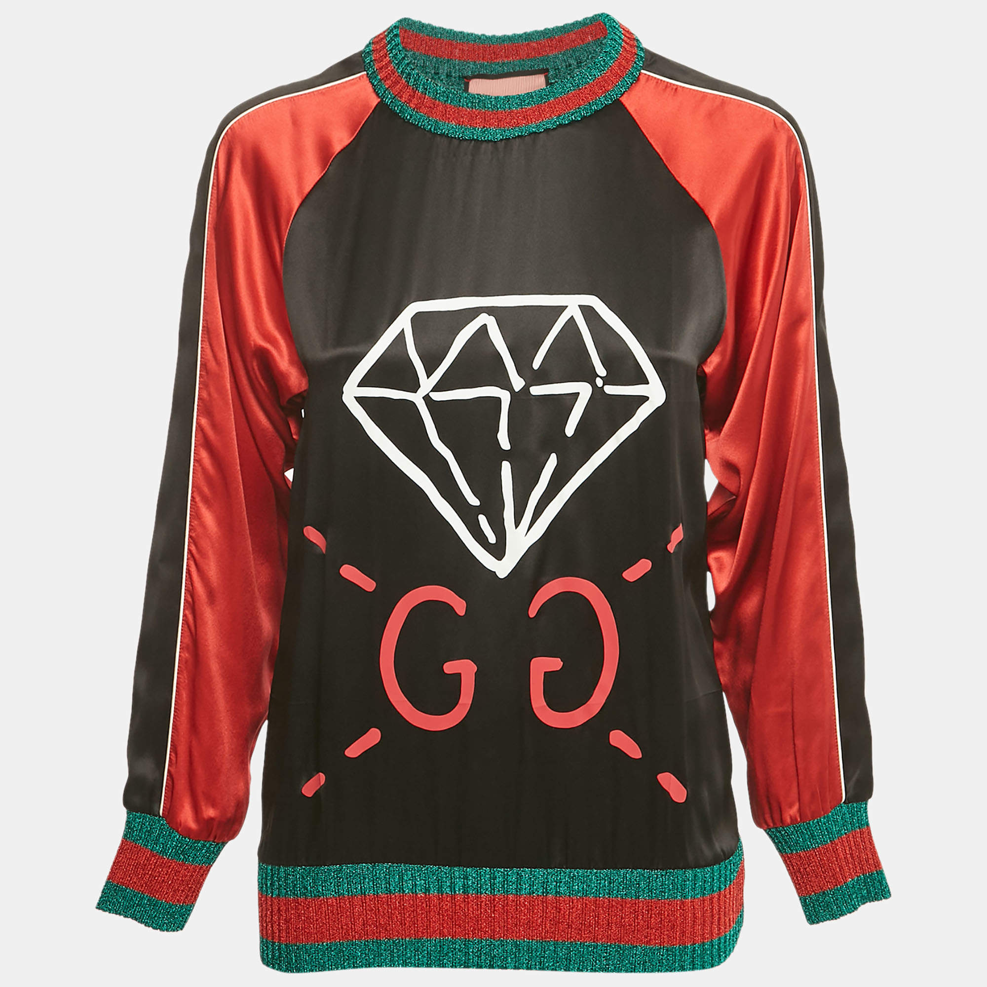 مملوكة مسبقًا Gucci Black /Red Ghost Diamond Print Silk & Lamé Web Trim Top S
