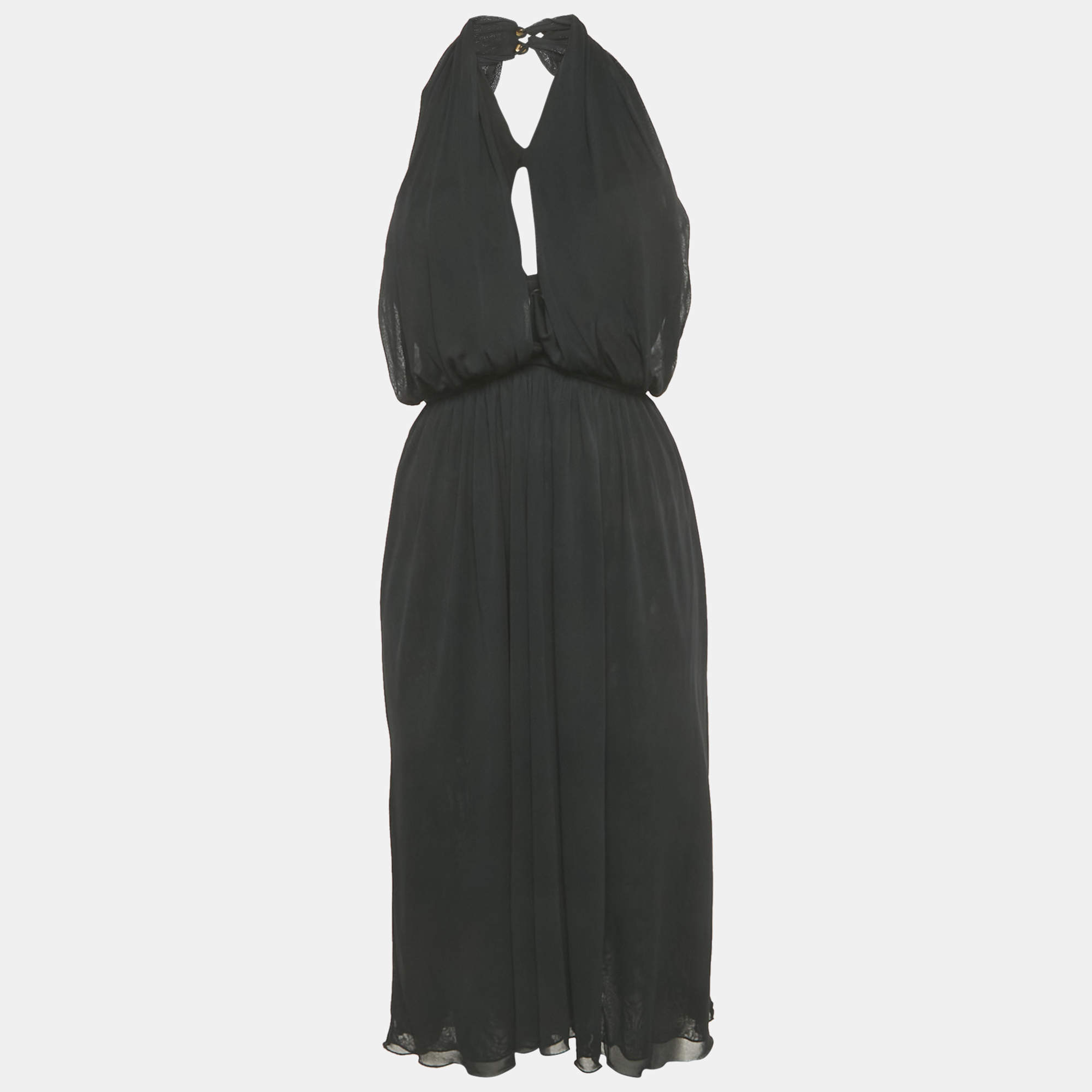 Pre Owned فستان غوتشي جيرسي أسود مقاس صغير ذو ياقة هالتر طول ميدي