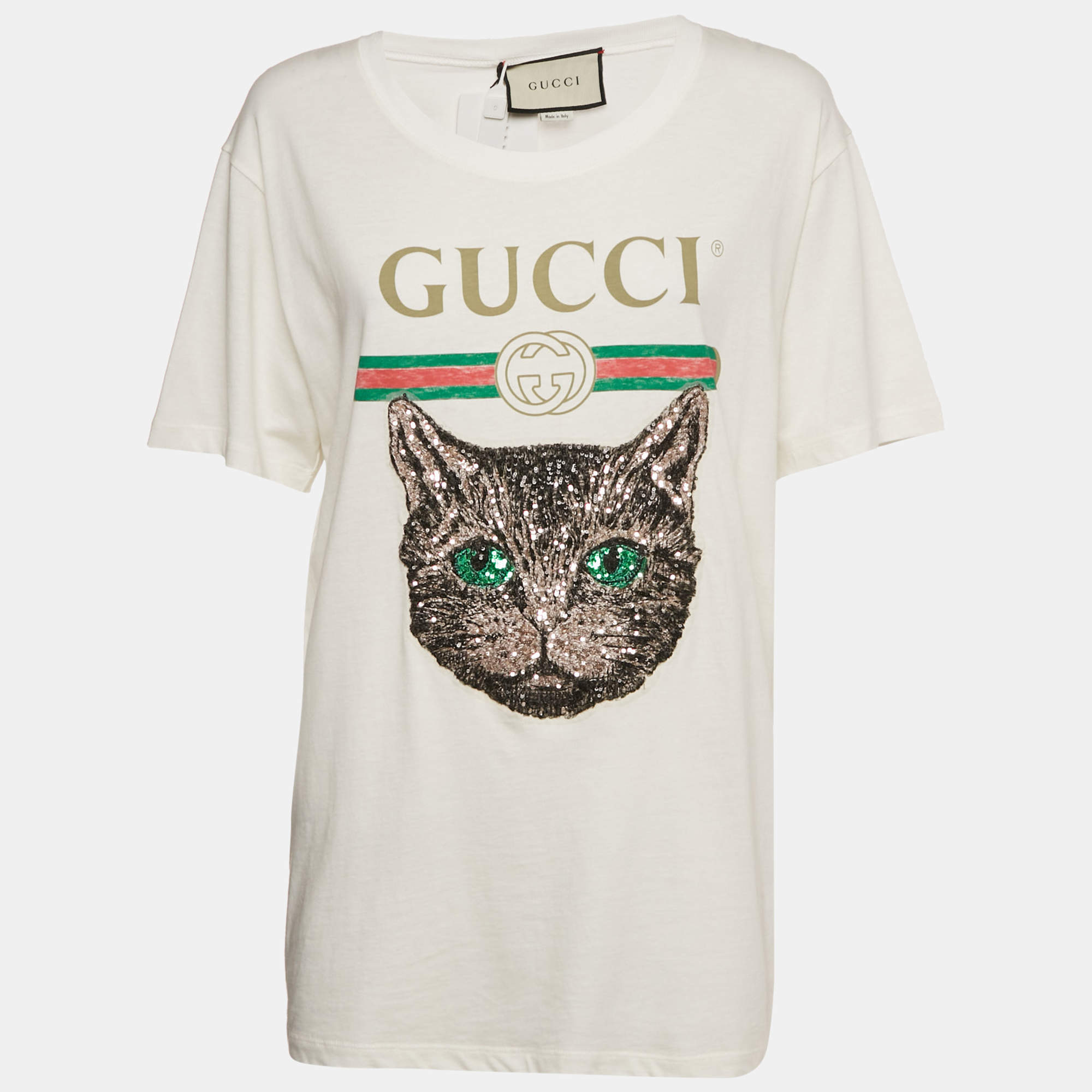 Pre Owned Gucci White Embellished Mystic Cat Applique Distressed Cotton T-Shirt S