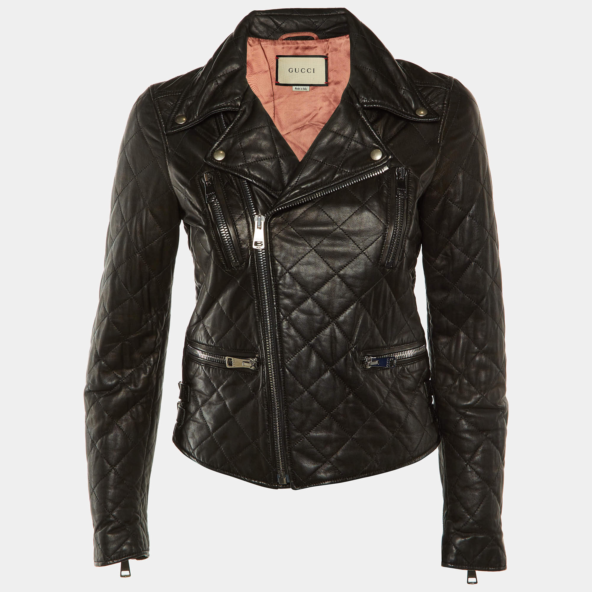 Pre Owned Gucci Black Quilted Leather Logo Embellished Biker Jacket XS