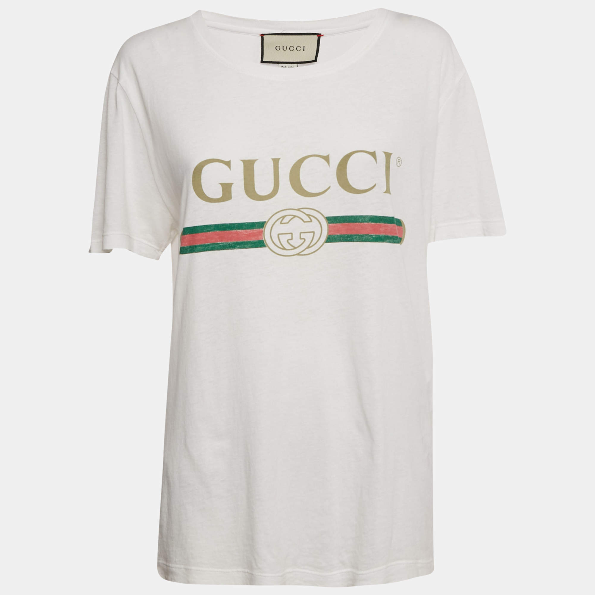 Pre Owned Gucci White GG Web Print Cotton Distressed T-Shirt S