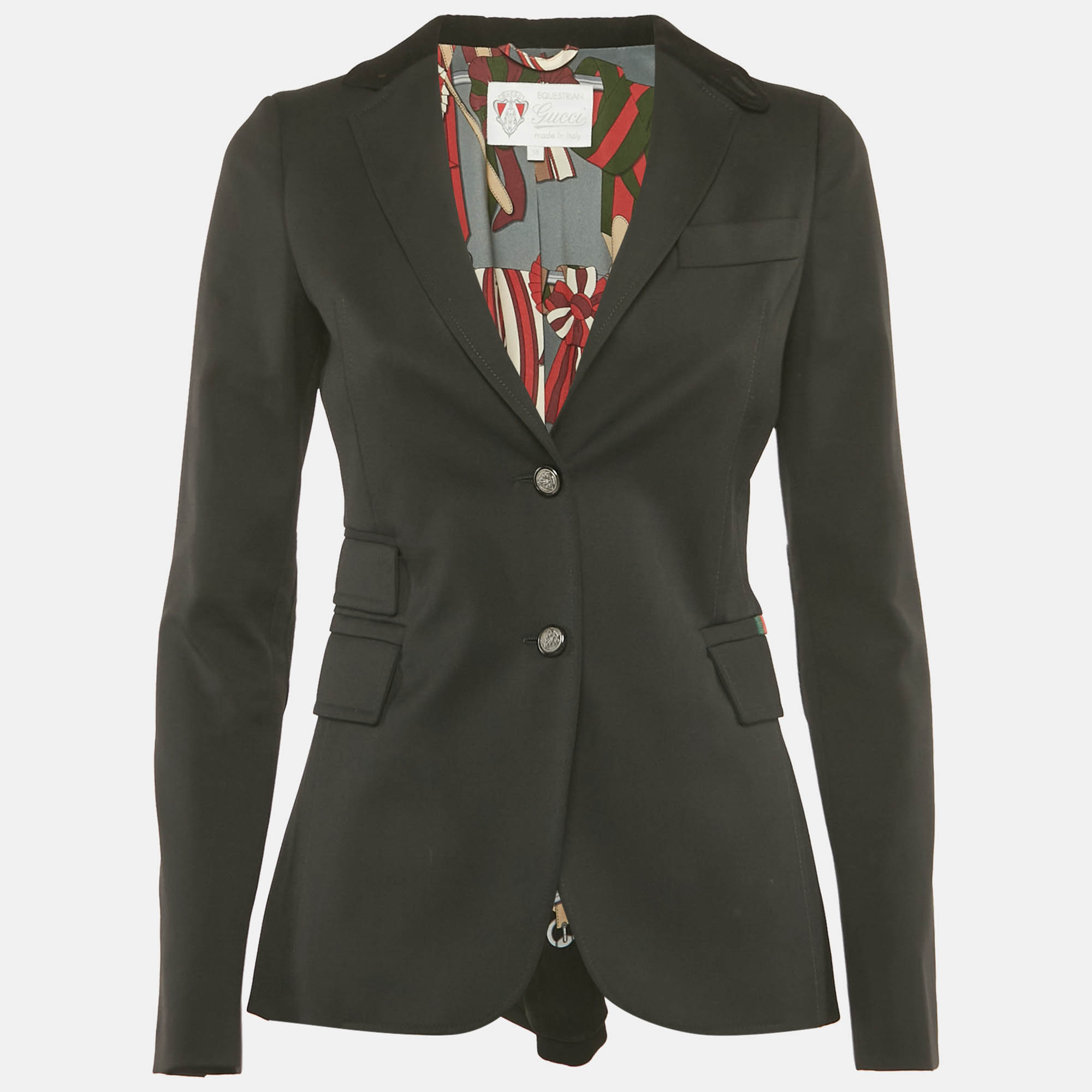 Pre Owned Gucci Equestrian Black Wool Leather Trim Single Breasted Blazer S