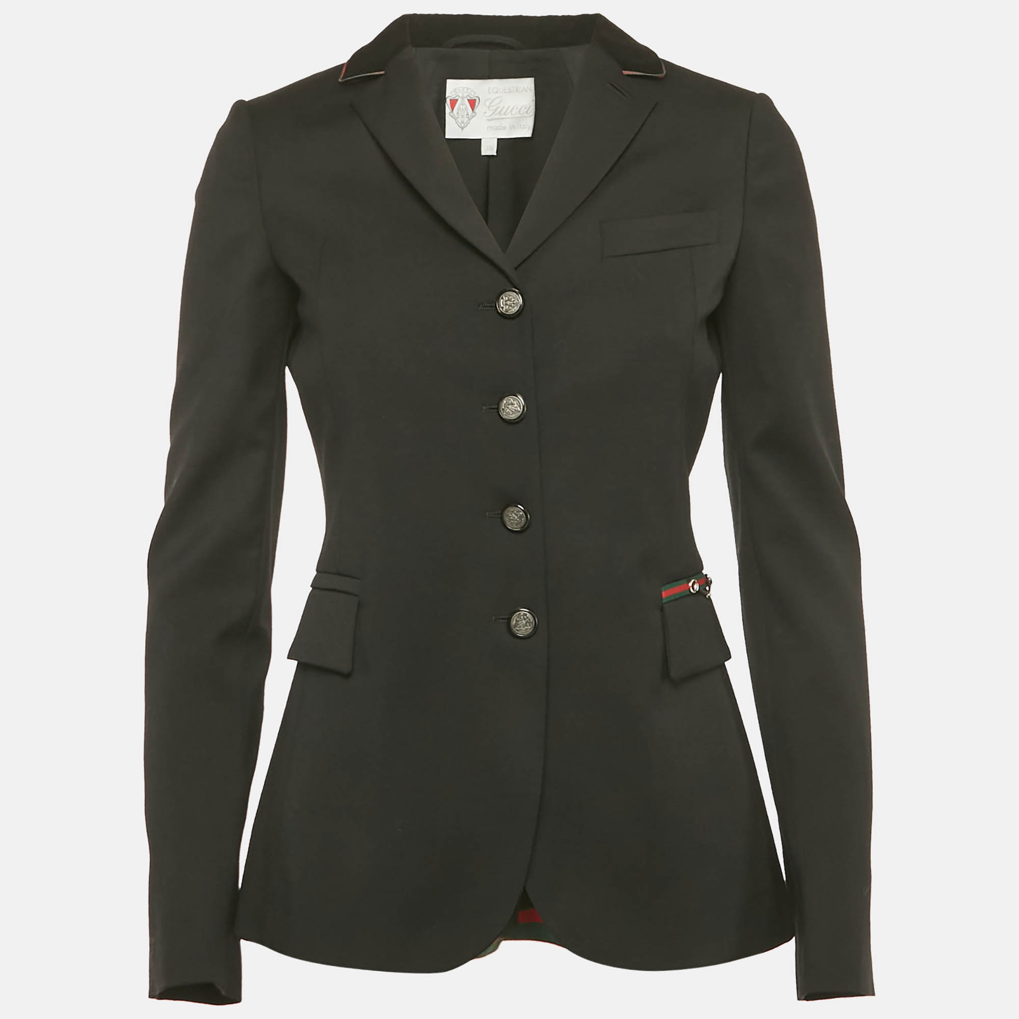 Pre Owned Gucci Equestrian Black Wool Web Trim Single Breasted Blazer S  