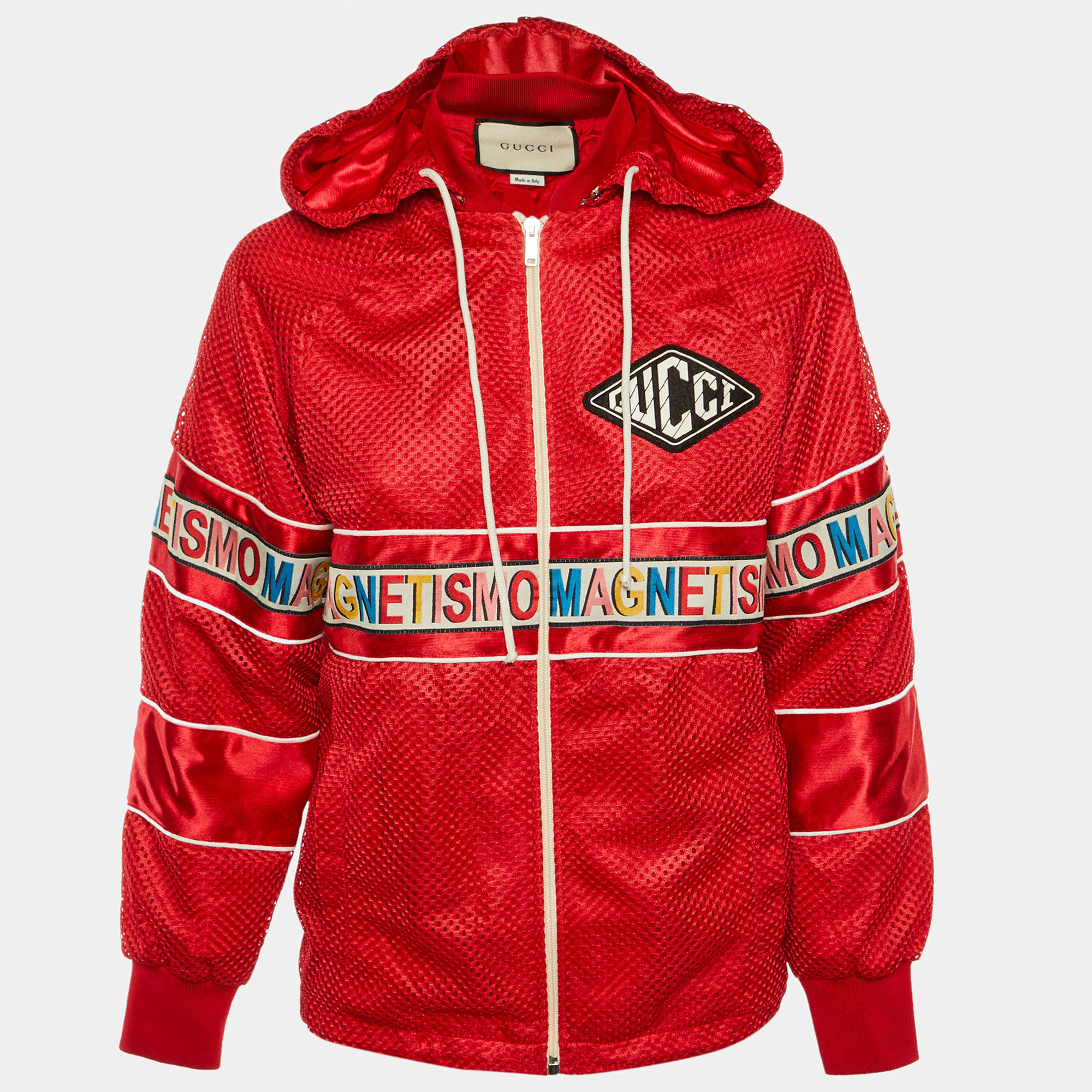 Pre Owned Gucci Red Mesh Magnetismo Stripe Trimmed Zip Front Hooded Jacket XS