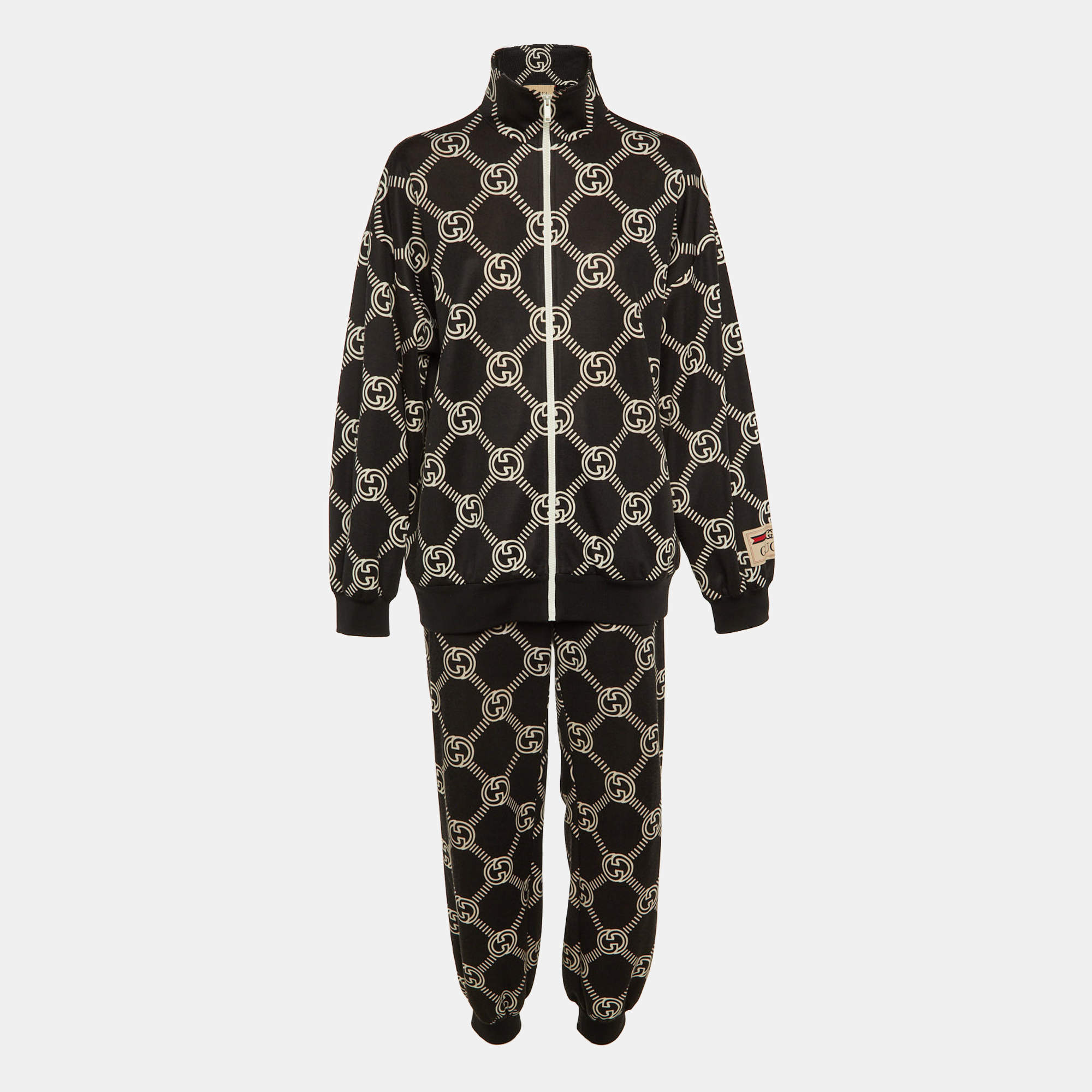 Pre Owned Gucci Black Interlocking G Cotton Blend Zip Jacket & Joggers Set L