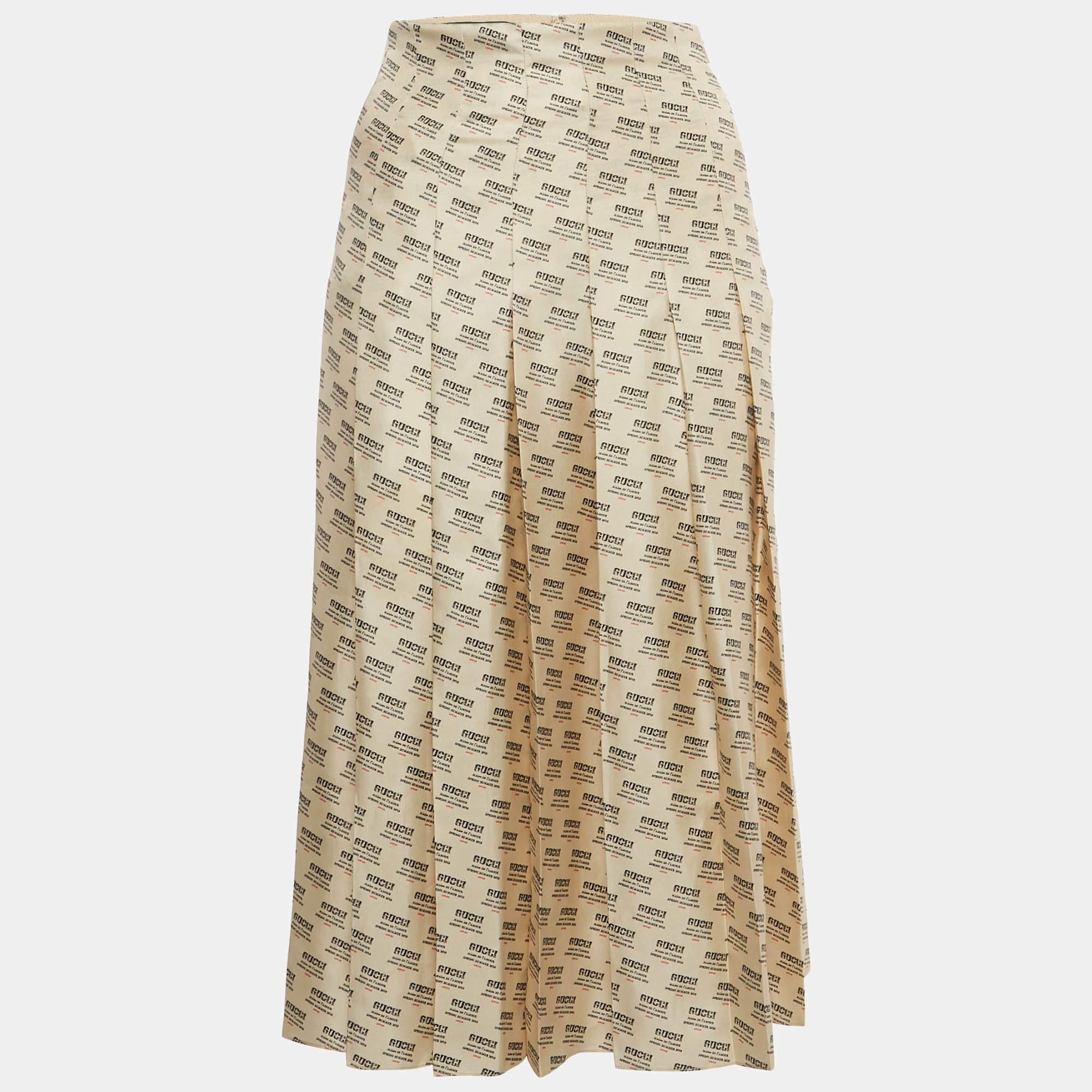 Pre Owned Gucci Beige Stamp Print Silk Pleated Midi Skirt S