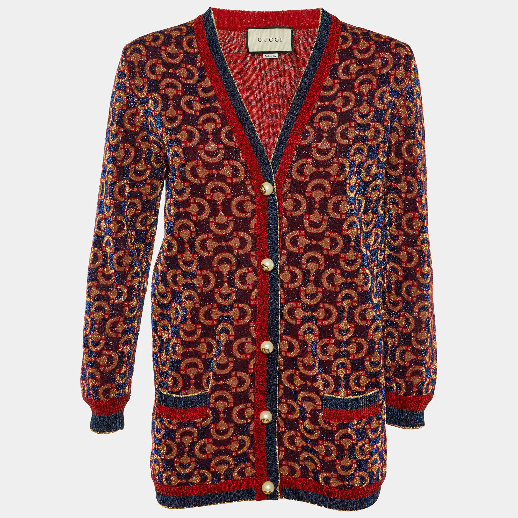 Pre Owned Gucci Blue/Red Horsebit Lurex Knit Button Front Cardigan L