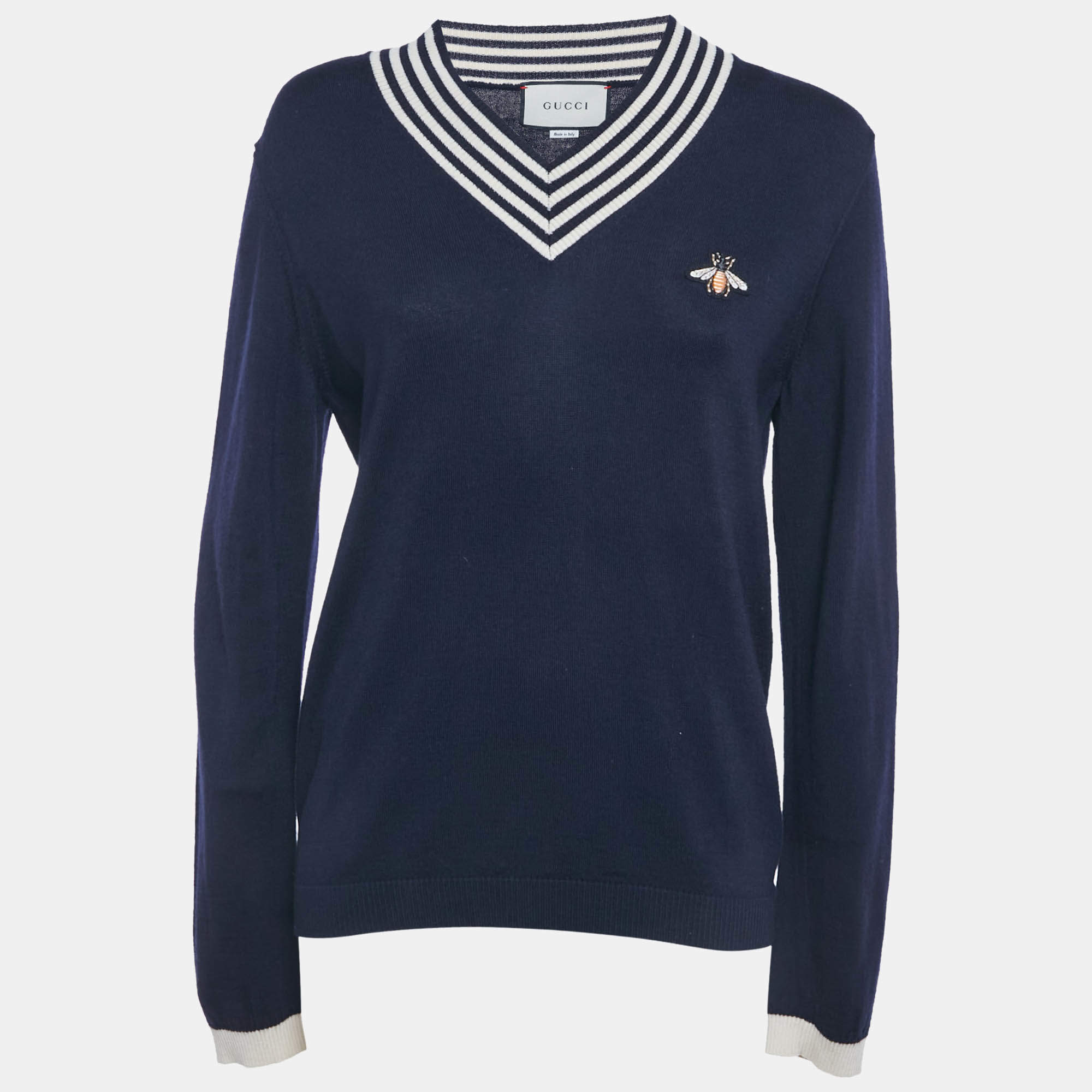 Pre Owned Gucci Navy Blue Wool Knit V-Neck Sweater S