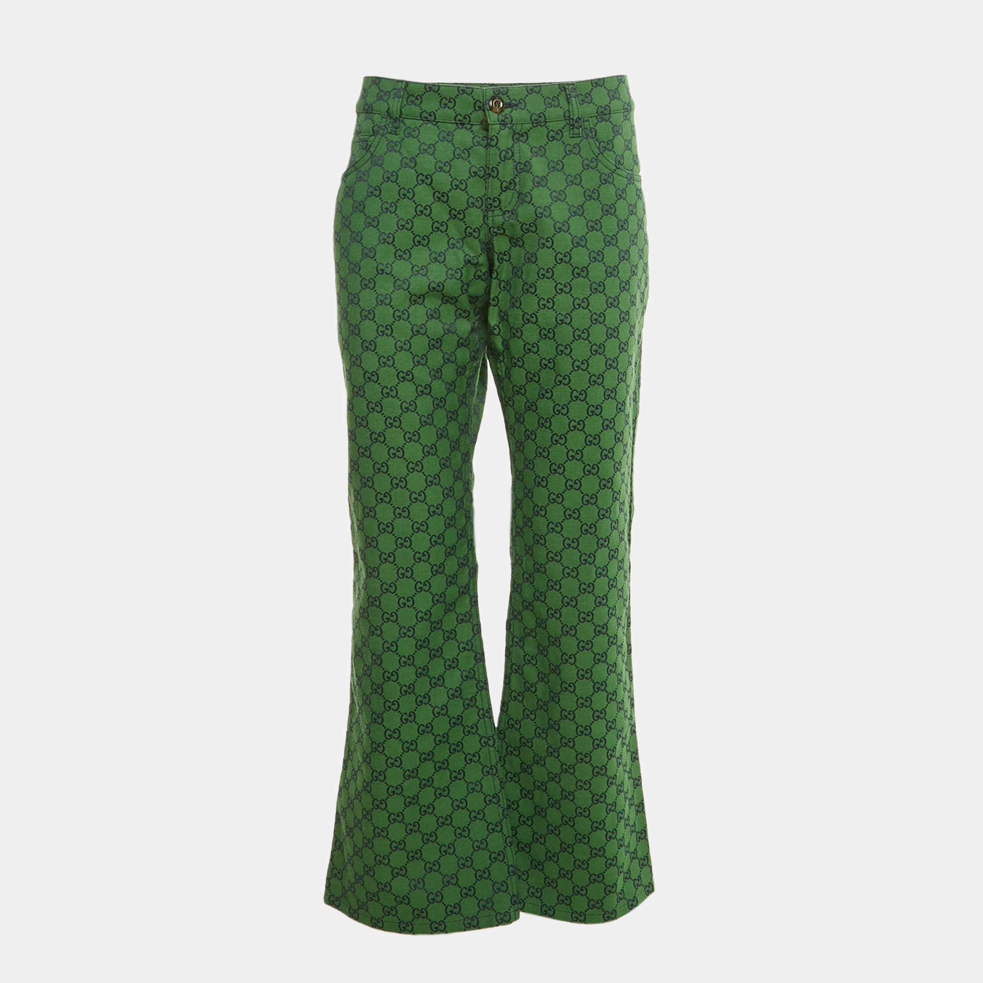 Pre Owned Gucci Green GG Jacquard Flared Jeans XXL Waist 36"