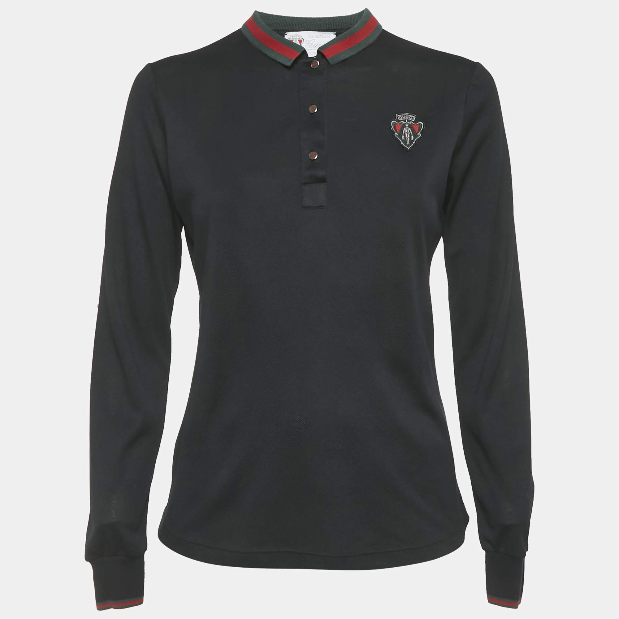 Pre Owned قميص بولو غوچي جيرسي شعار أبليك باللون الأسود بأكمام طويلة مقاس صغير