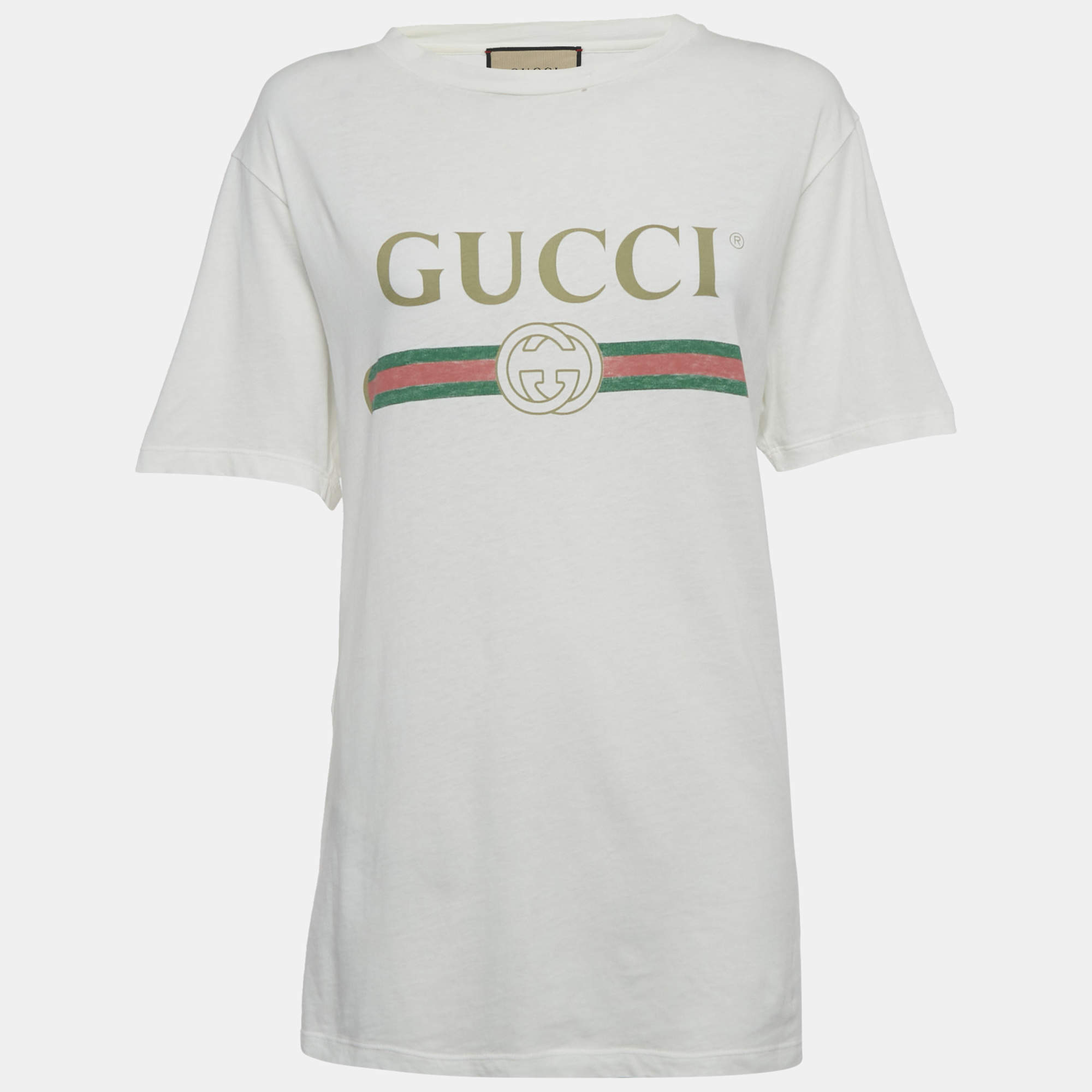 Pre Owned قميص غوتشي قطني بطبعة شعار أبيض بمظهر مهترئ صغير جدًا