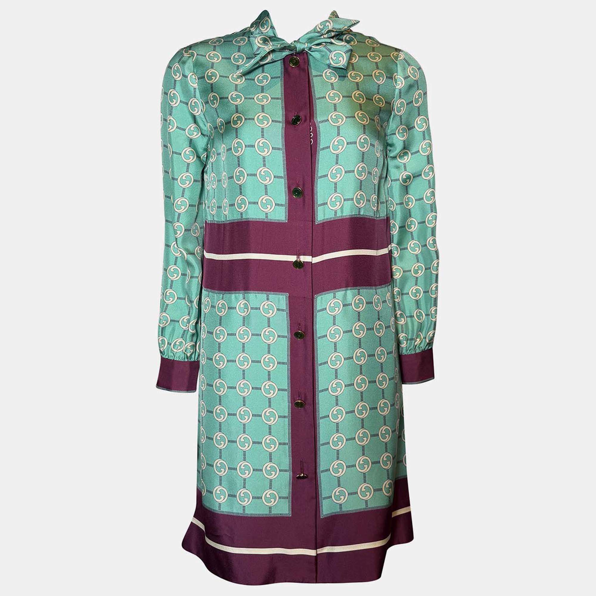 Pre Owned Gucci Silk Teal/Purple GG Printed Silk Button-Up Neck Tie Dress Size XS