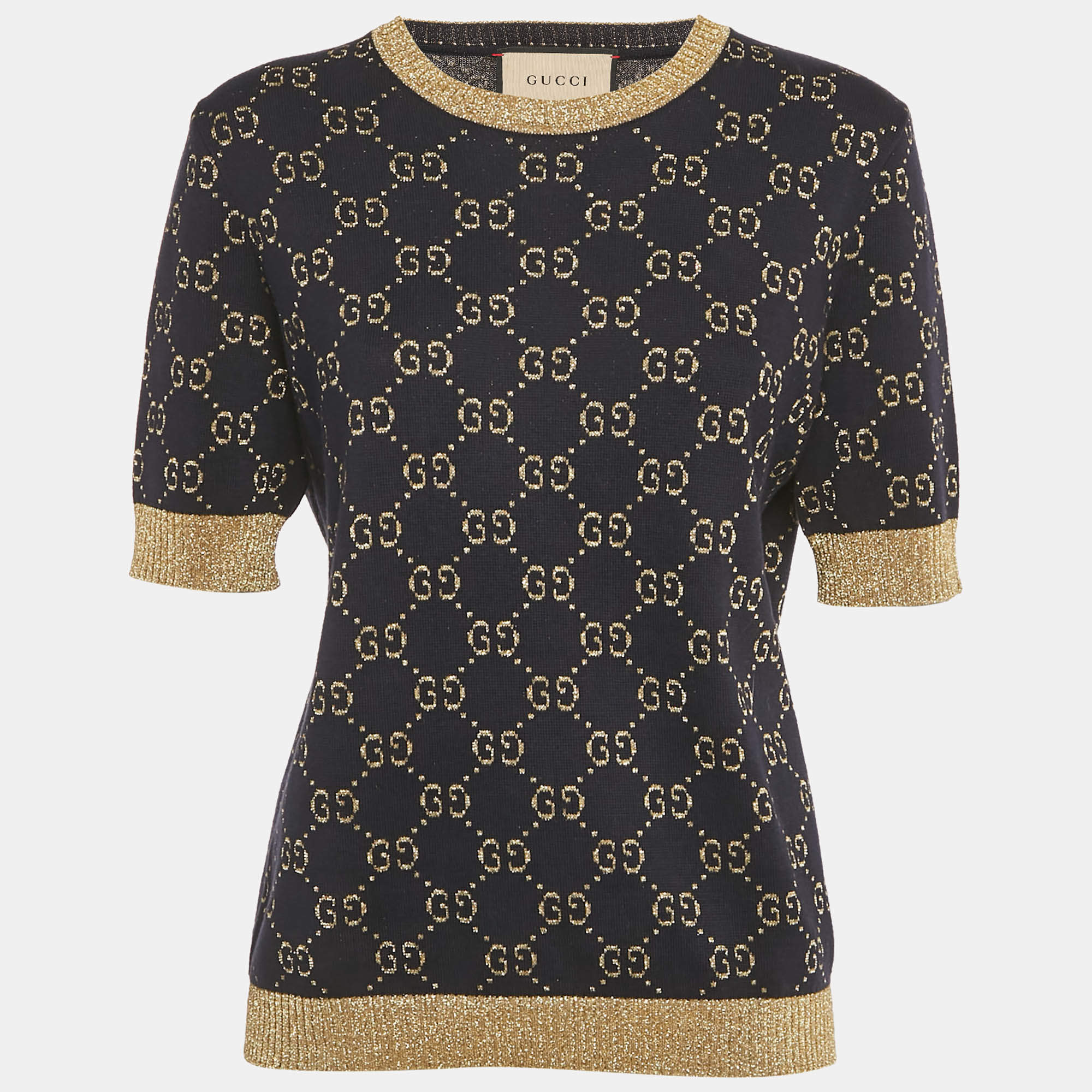 Pre Owned Gucci Navy Blue/Gold Logo Pattern Lamé Cotton Blend Top XL 