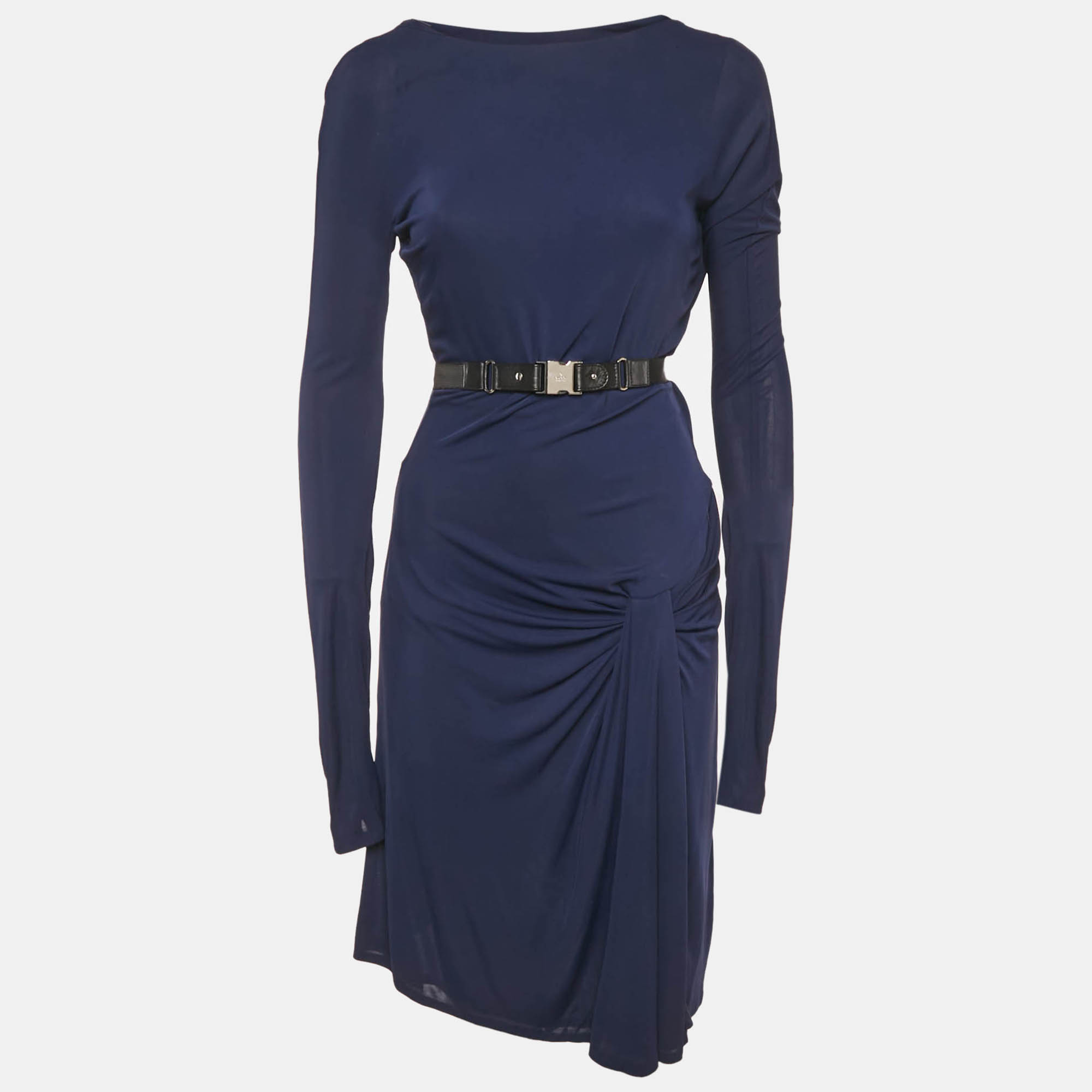 Pre Owned Gucci Navy Blue Jersey Belt Detail Knee-Length Dress M