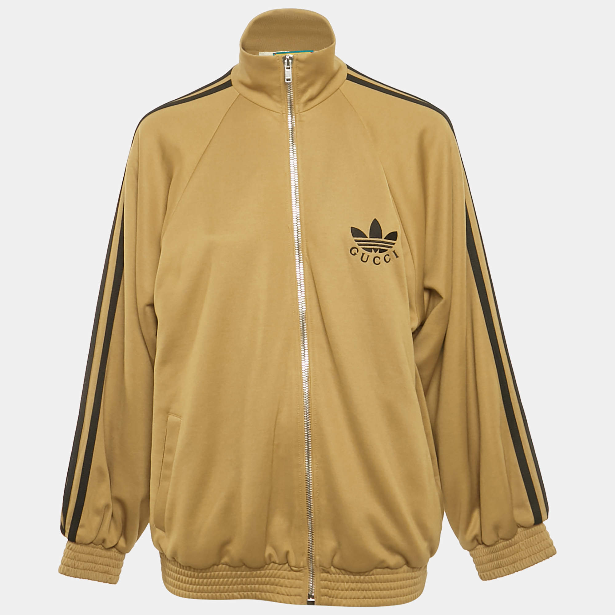 Pre Owned Gucci X Adidas Camel Brown Jersey Zip-Up Sweatshirt Jacket S