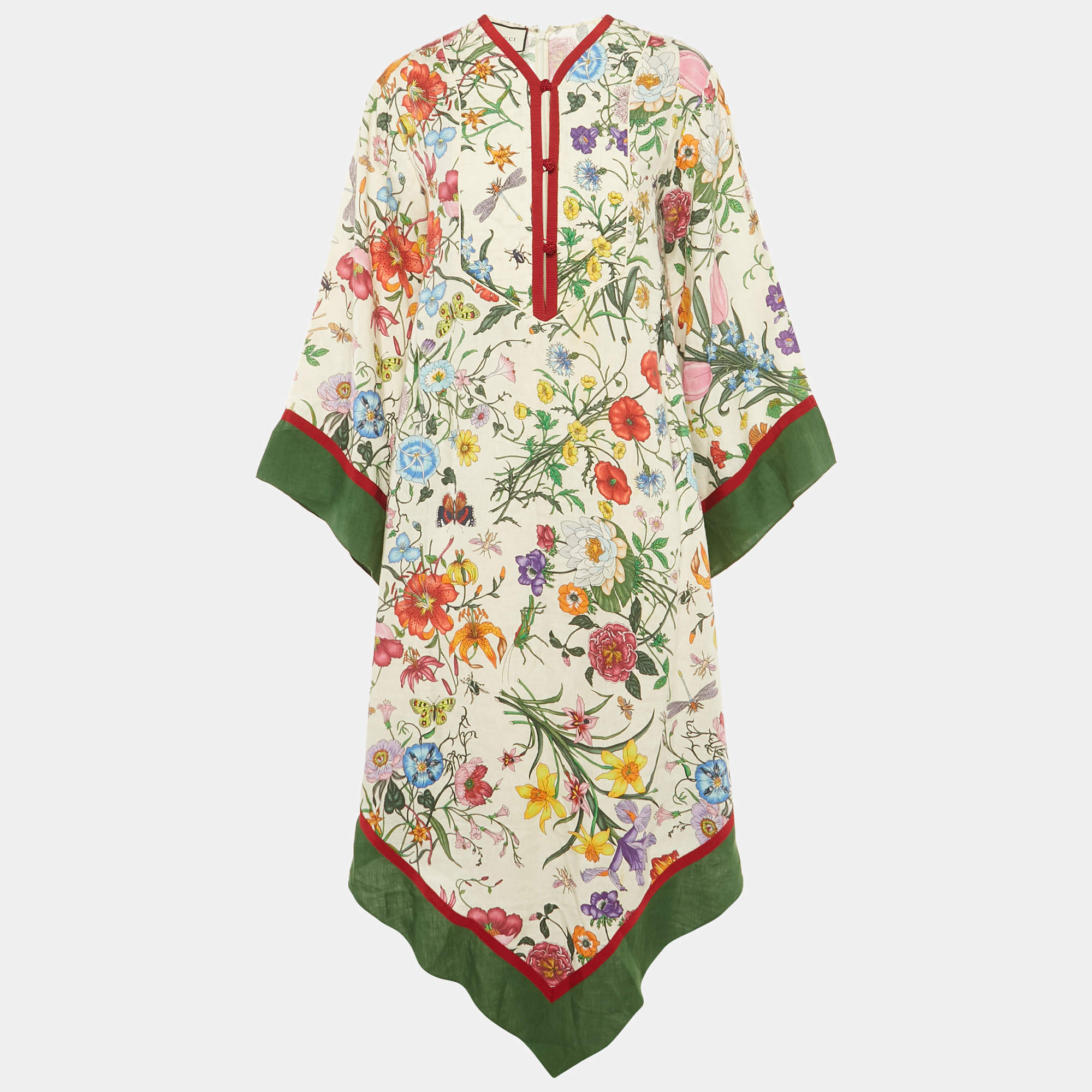 Pre Owned Gucci Multicolor Floral Linen Asymmetric Midi Dress S