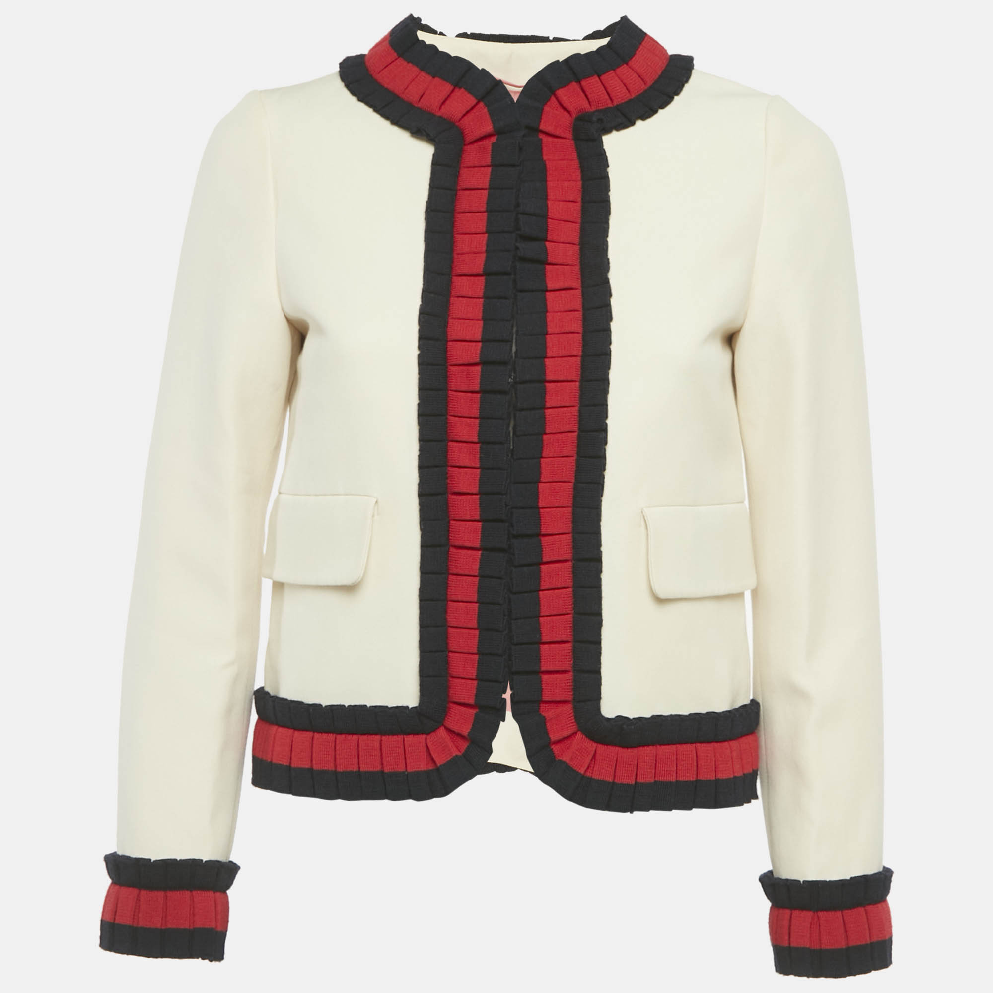 Pre Owned Gucci Off-White Cotton and Silk Ruffle Detail Jacket S