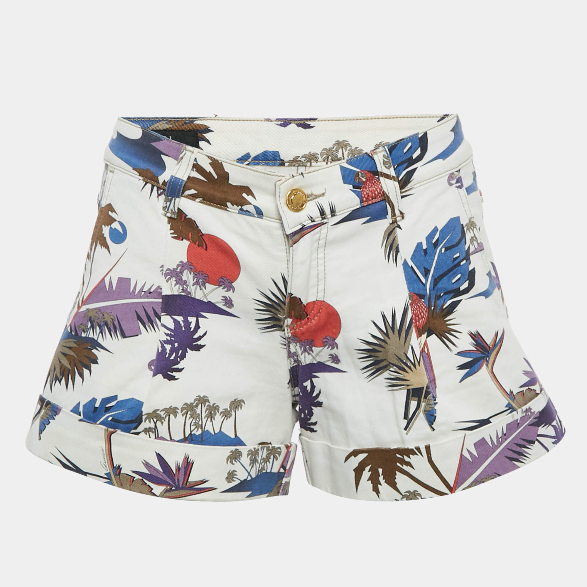 Pre Owned Gucci White Printed Denim Shorts S Waist 29"
