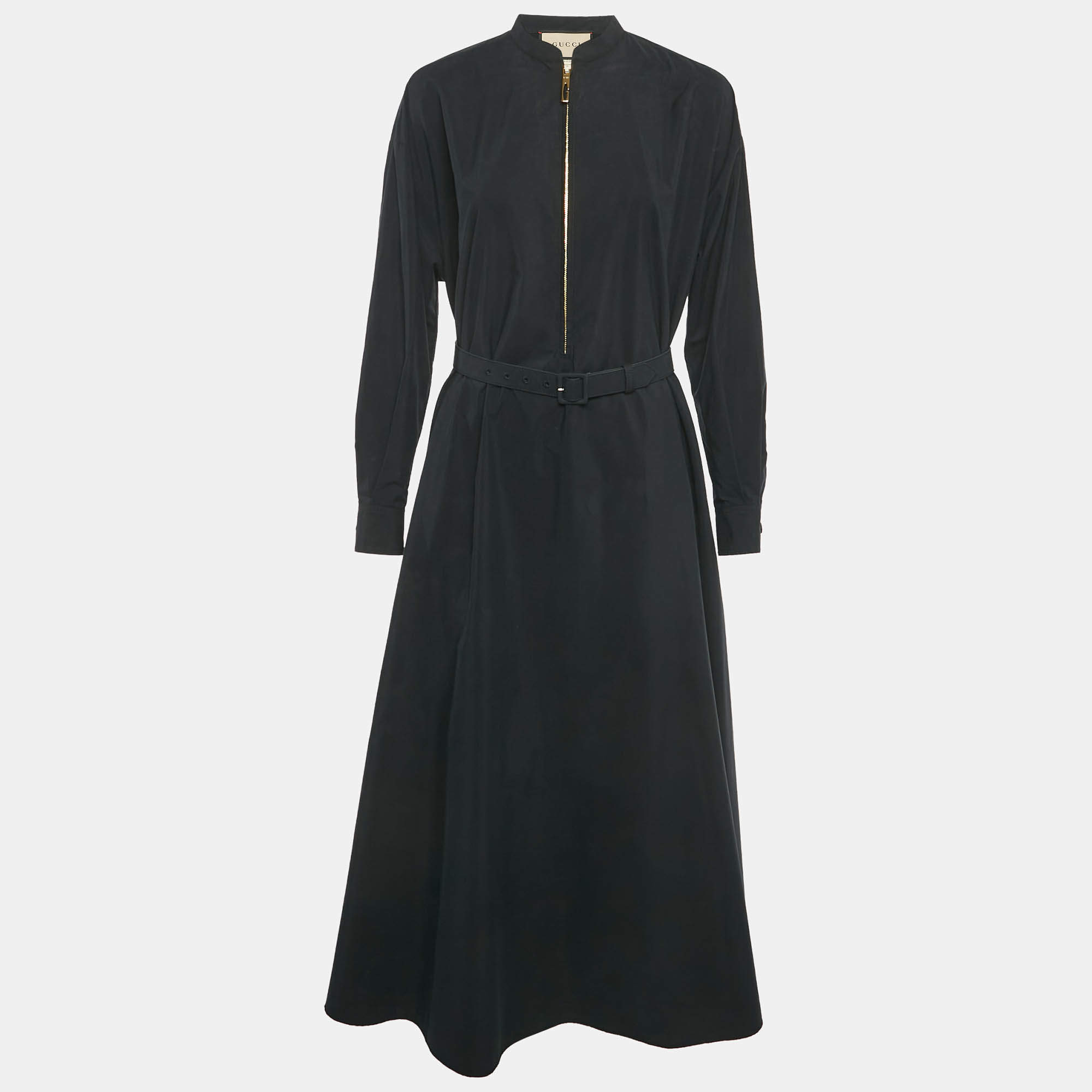 Pre Owned Gucci Black Cotton Poplin Belted Maxi Dress S