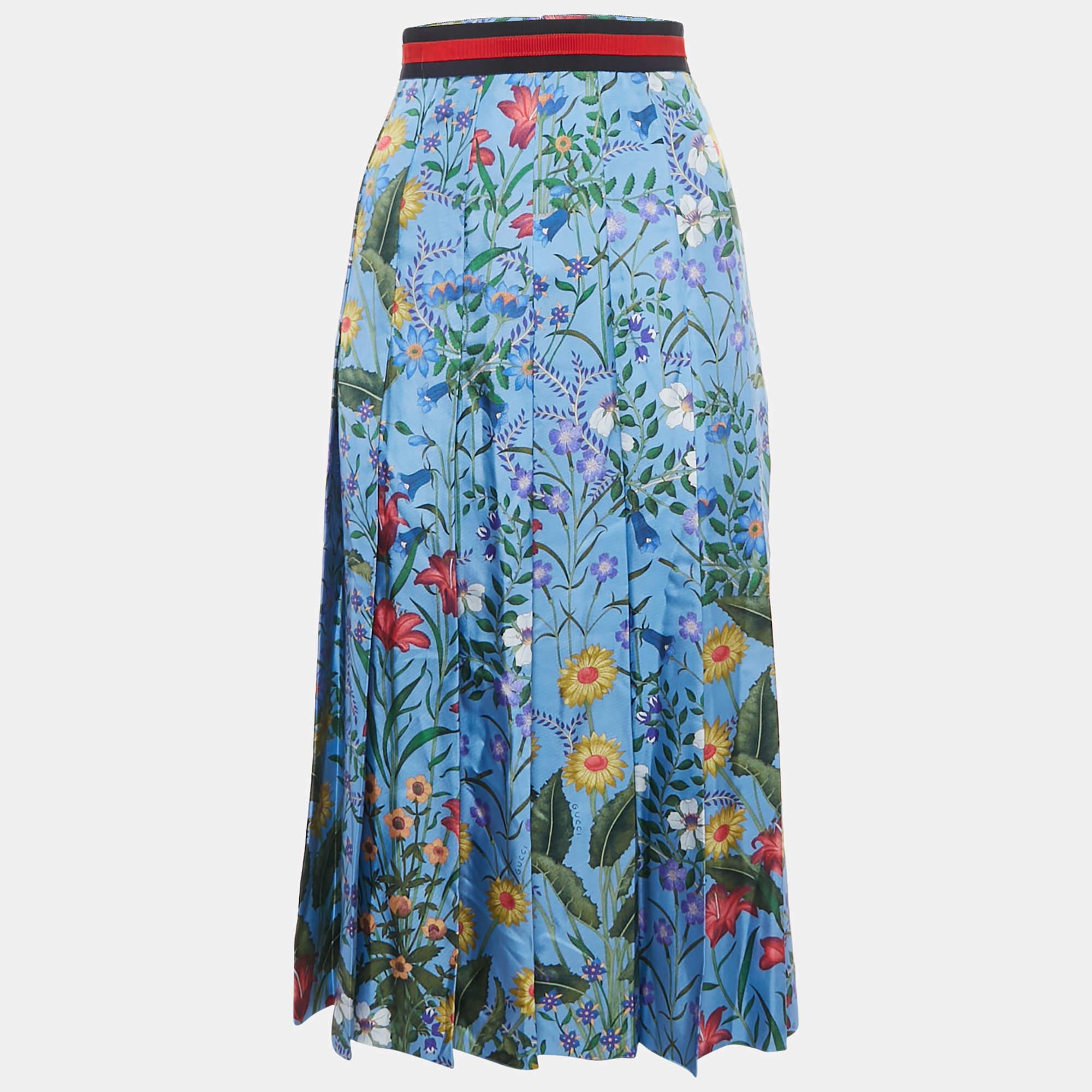 Pre Owned Gucci Blue Floral Printed Silk Pleated Midi Skirt S