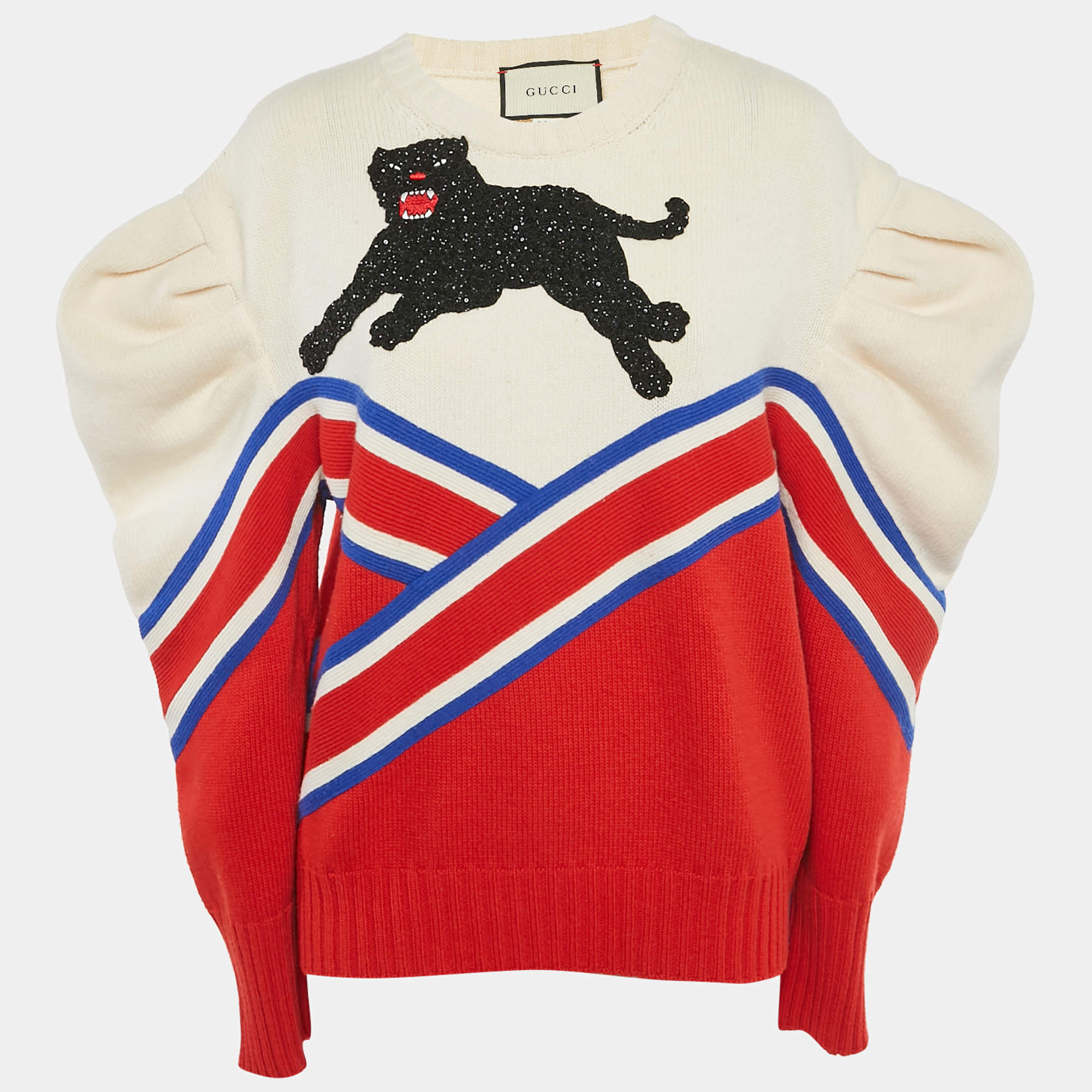 Pre Owned Gucci Multicolor Panther Embellished Intarsia Wool Knit Puff Sleeve Jumper M