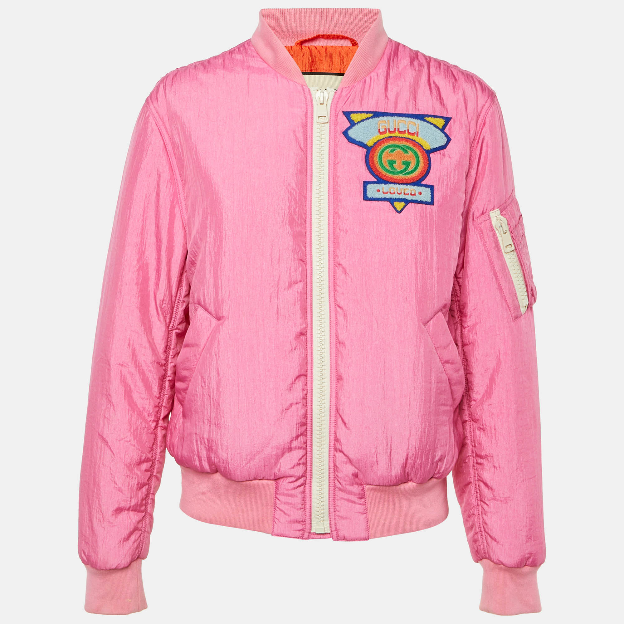 Pre Owned Gucci Pink Nylon Zip Up Bomber Jacket S