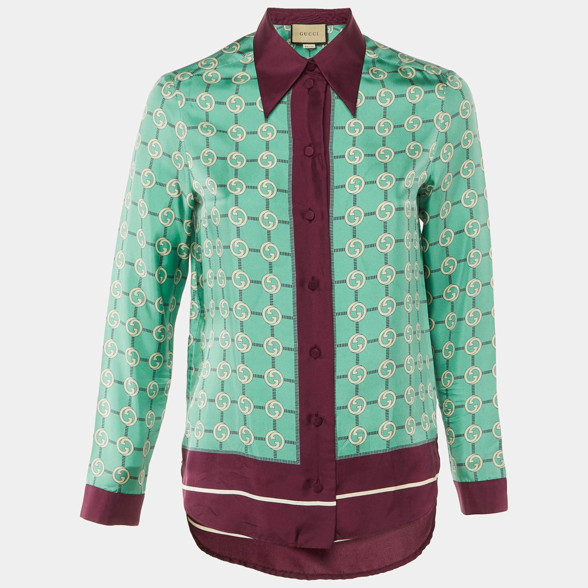 Pre Owned Gucci Green Interlocking G Print Silk Button Front Shirt S