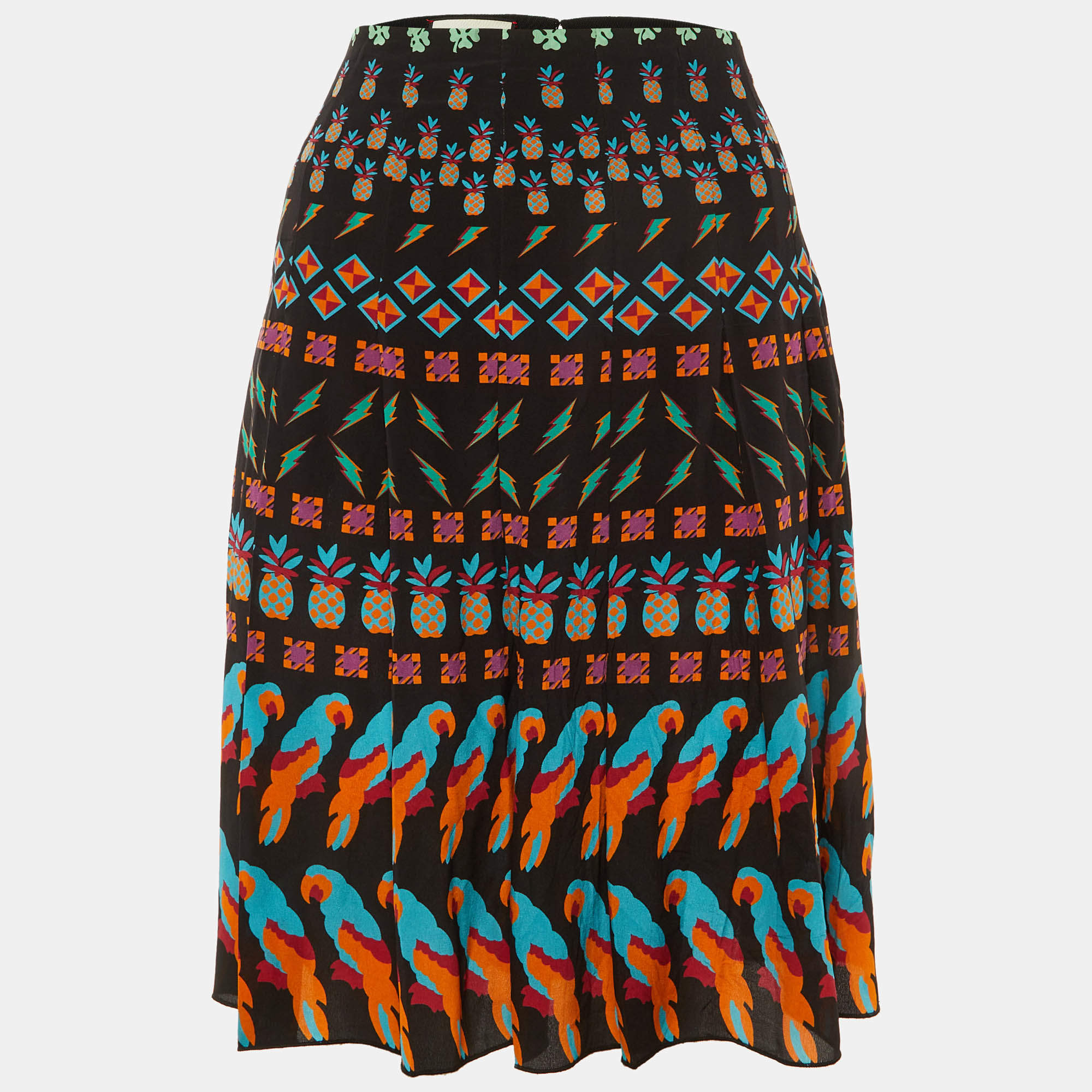 Pre Owned Gucci Black Parrot Print Silk Pleated Skirt L