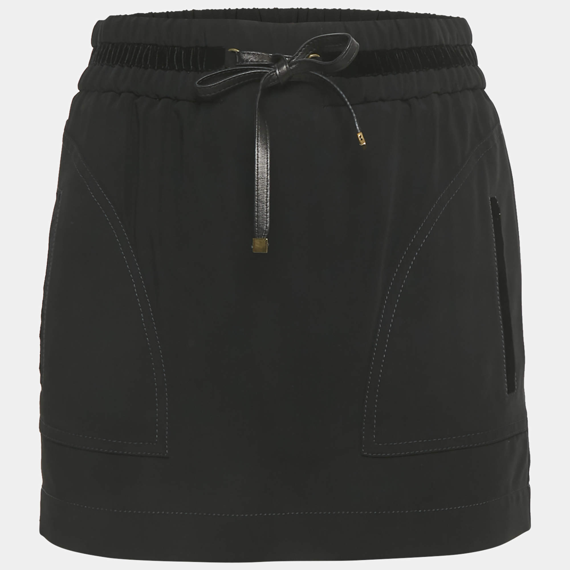 Pre Owned Gucci Black Crepe Velvet Trim Drawstring Mini Skirt S 
