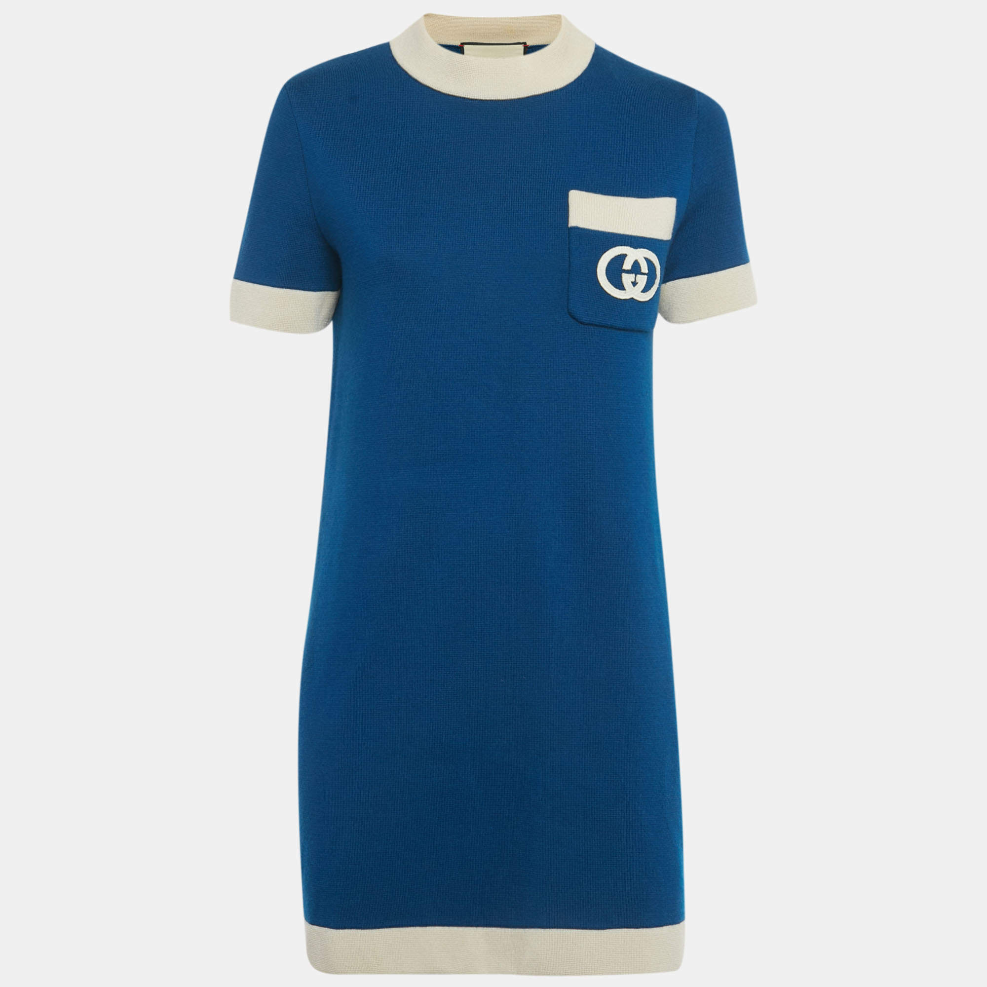 Pre Owned Gucci Blue GG Embroidered Knit Mini Dress M