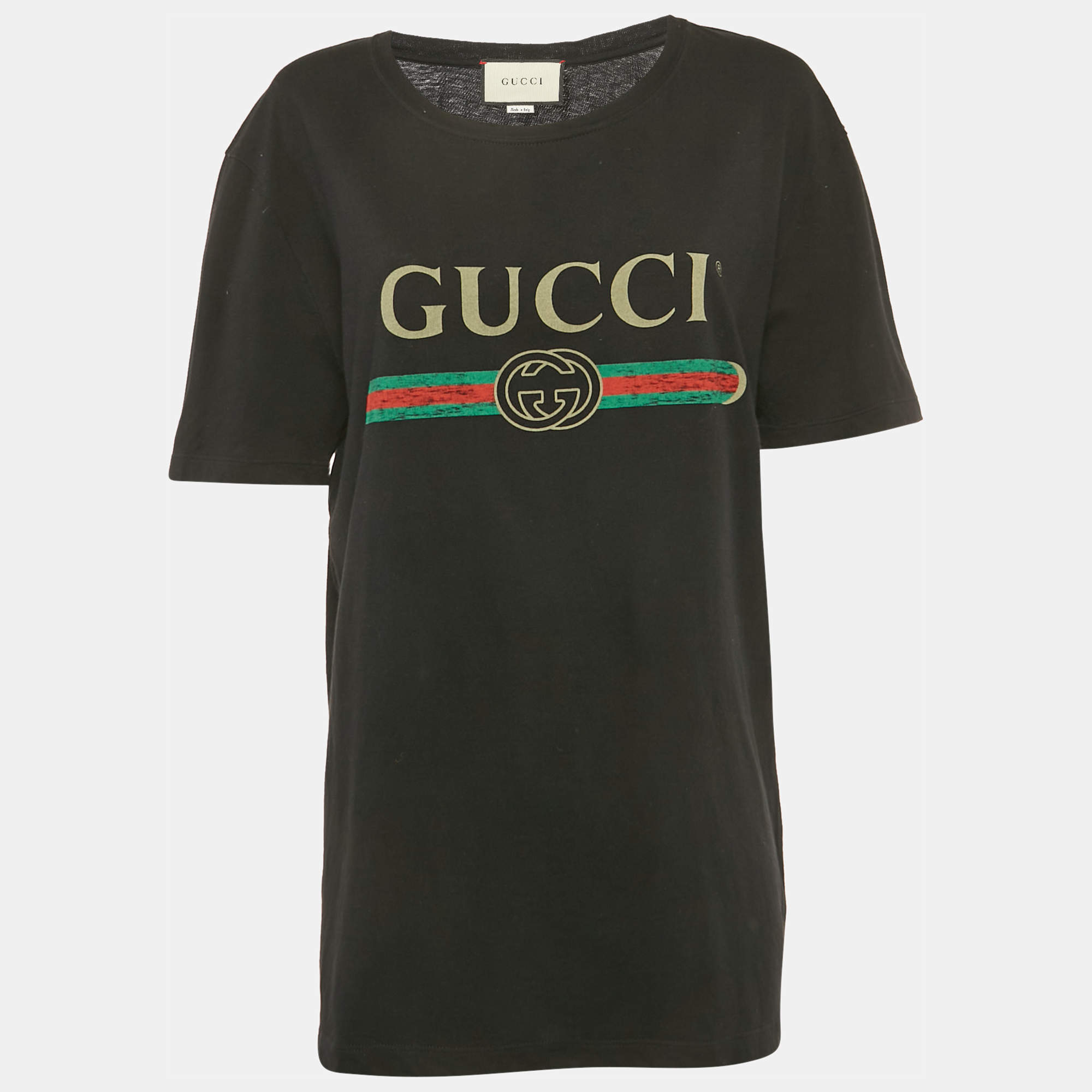 Pre Owned Gucci Black Vintage Logo Print Jersey Distressed T-Shirt M