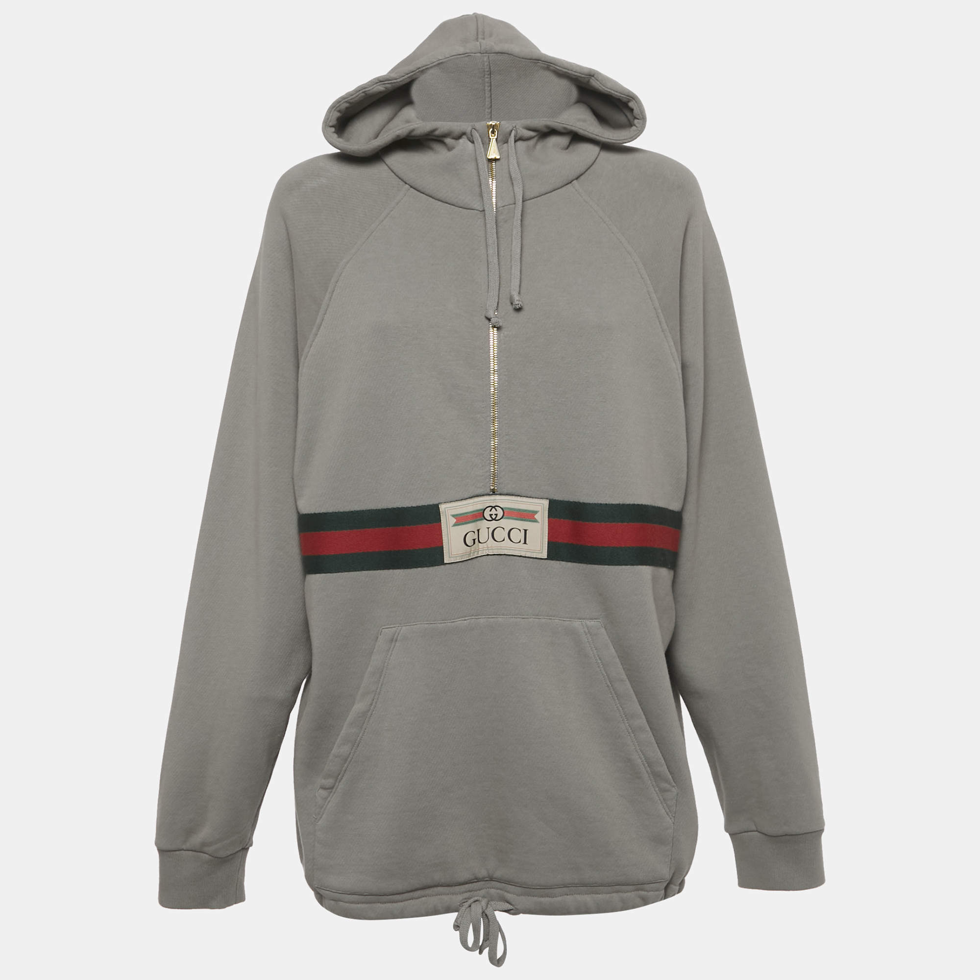 Pre Owned هودي غوتشي قطن رمادي مزين بتطبيق ويب واسع مقاس صغير