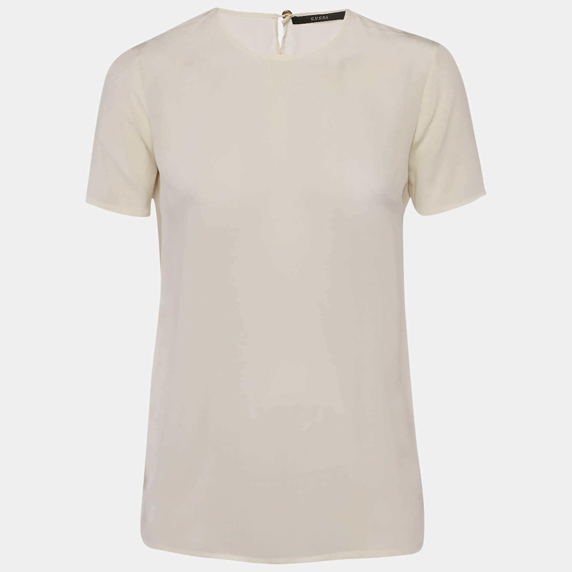 Pre Owned Gucci Off-White Silk Round Neck Top S