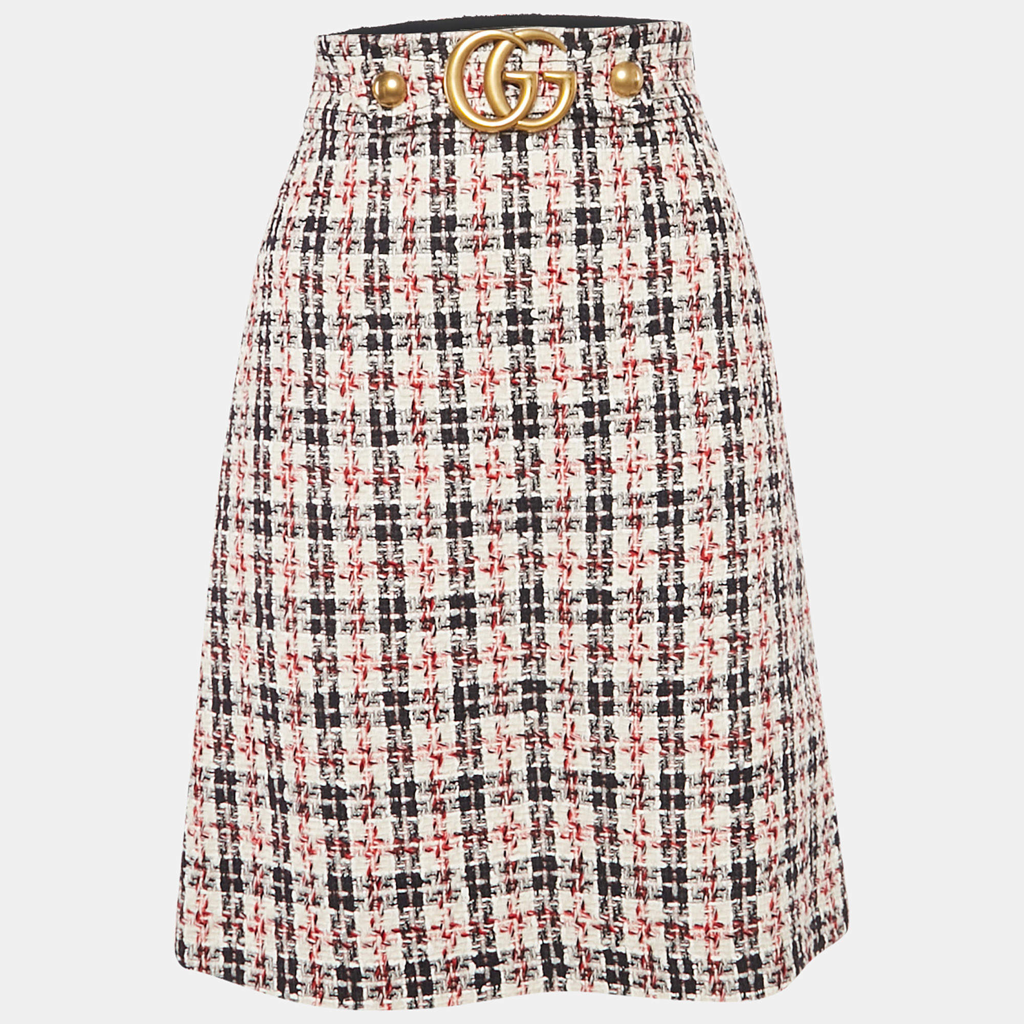 Pre Owned Gucci White/Red Tweed GG Detail Pencil Skirt S